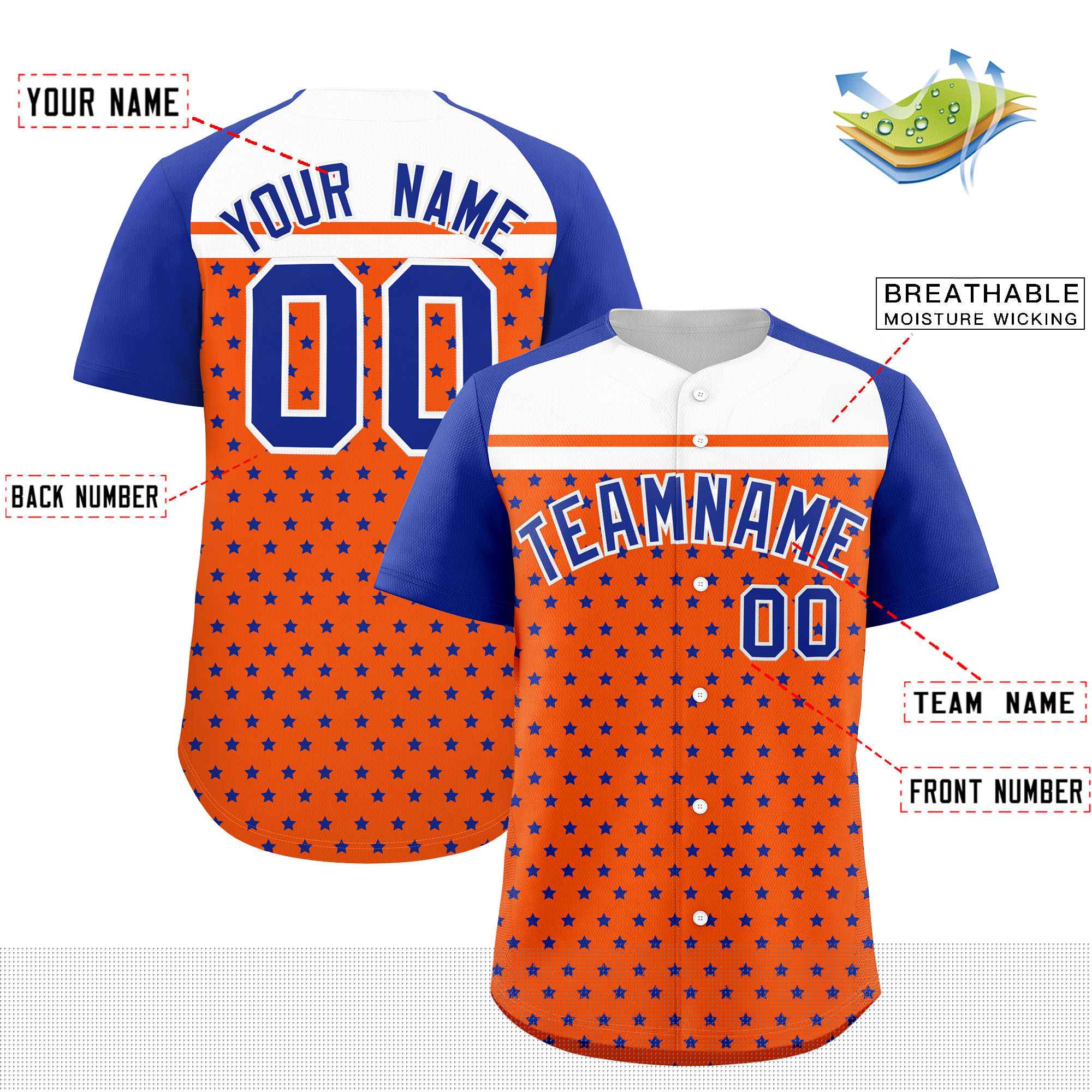 Custom Orange Royal-White Raglan Sleeve Personalized Star Print Authentic Baseball Jersey