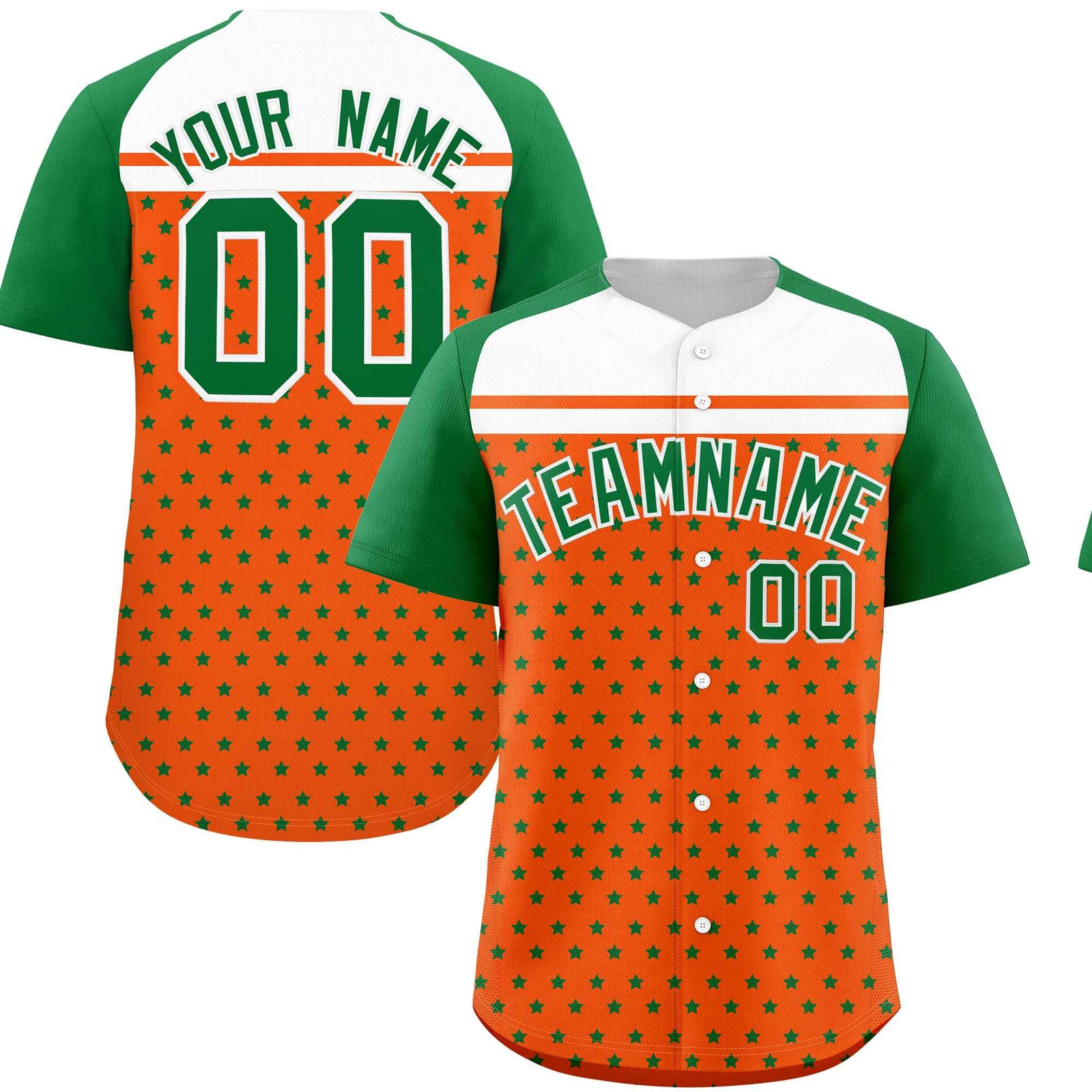 Custom Orange Kelly Green-White Raglan Sleeve Personalized Star Print Authentic Baseball Jersey