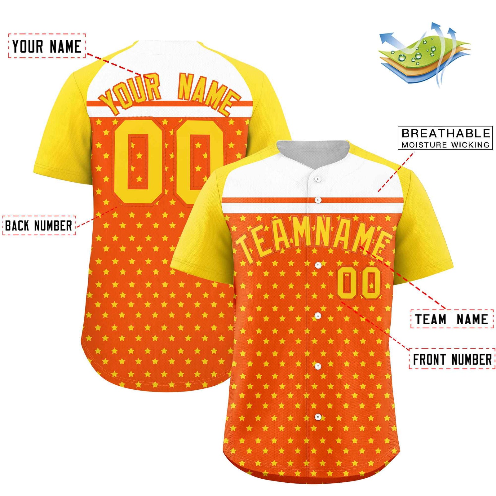 Custom Orange Gold-White Raglan Sleeve Personalized Star Print Authentic Baseball Jersey
