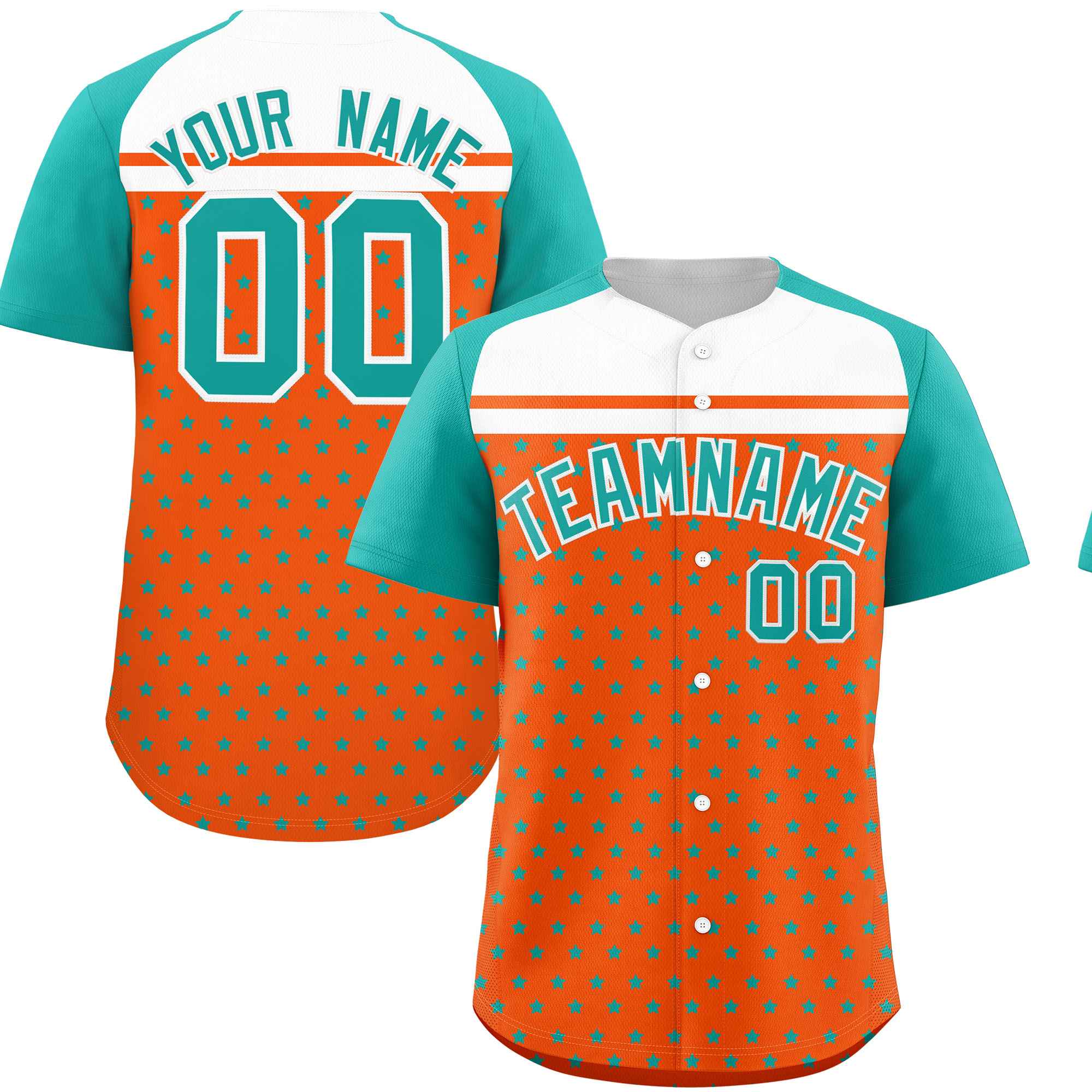Custom Orange Aqua-White Raglan Sleeve Personalized Star Print Authentic Baseball Jersey