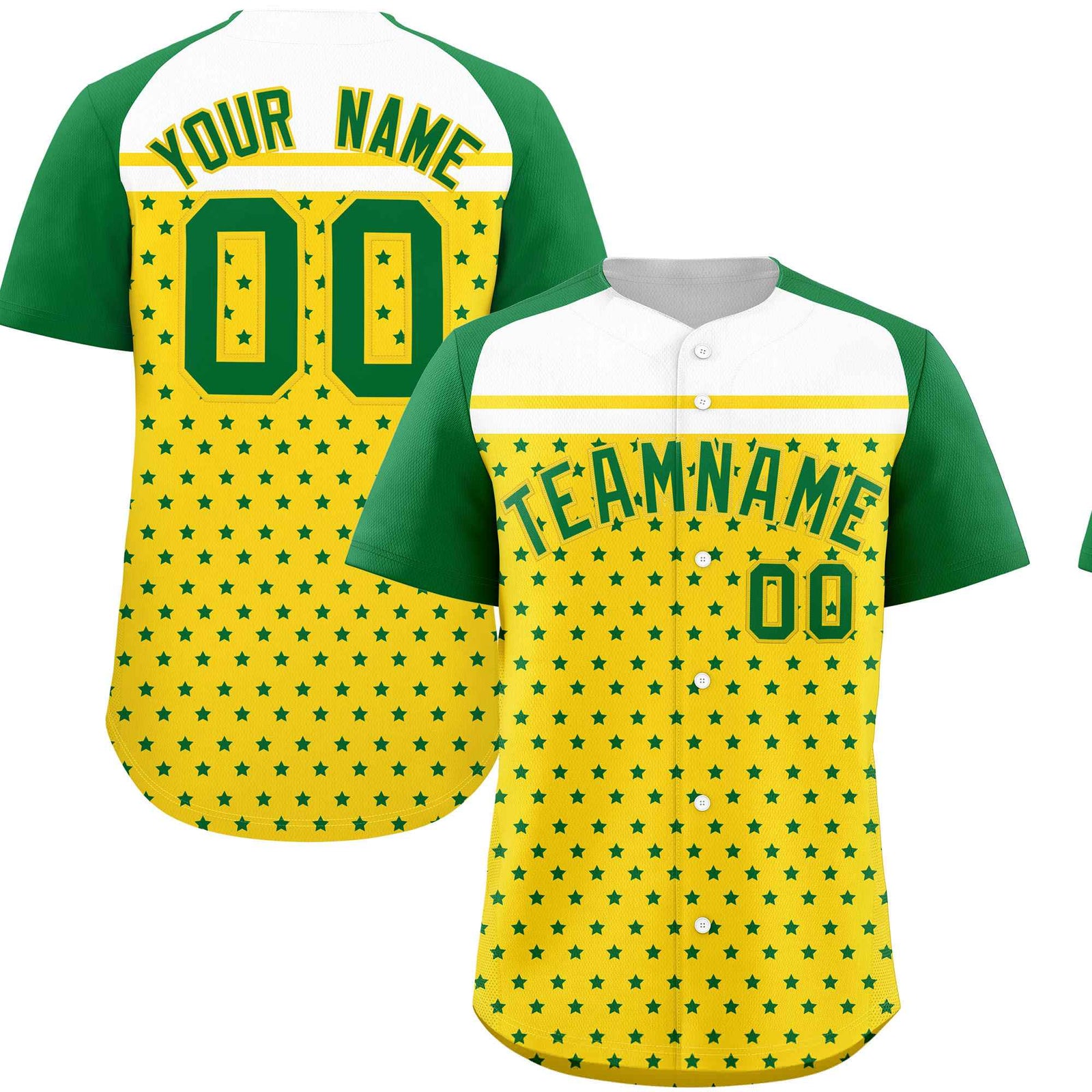 Custom Gold Kelly Green-White Raglan Sleeve Personalized Star Print Authentic Baseball Jersey