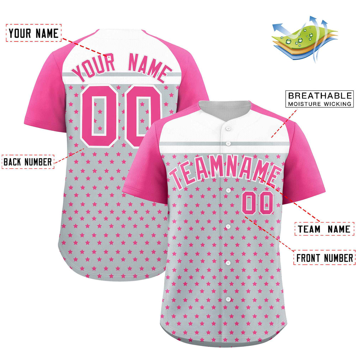 Custom Silver Pink-White Raglan Sleeve Personalized Star Print Authentic Baseball Jersey