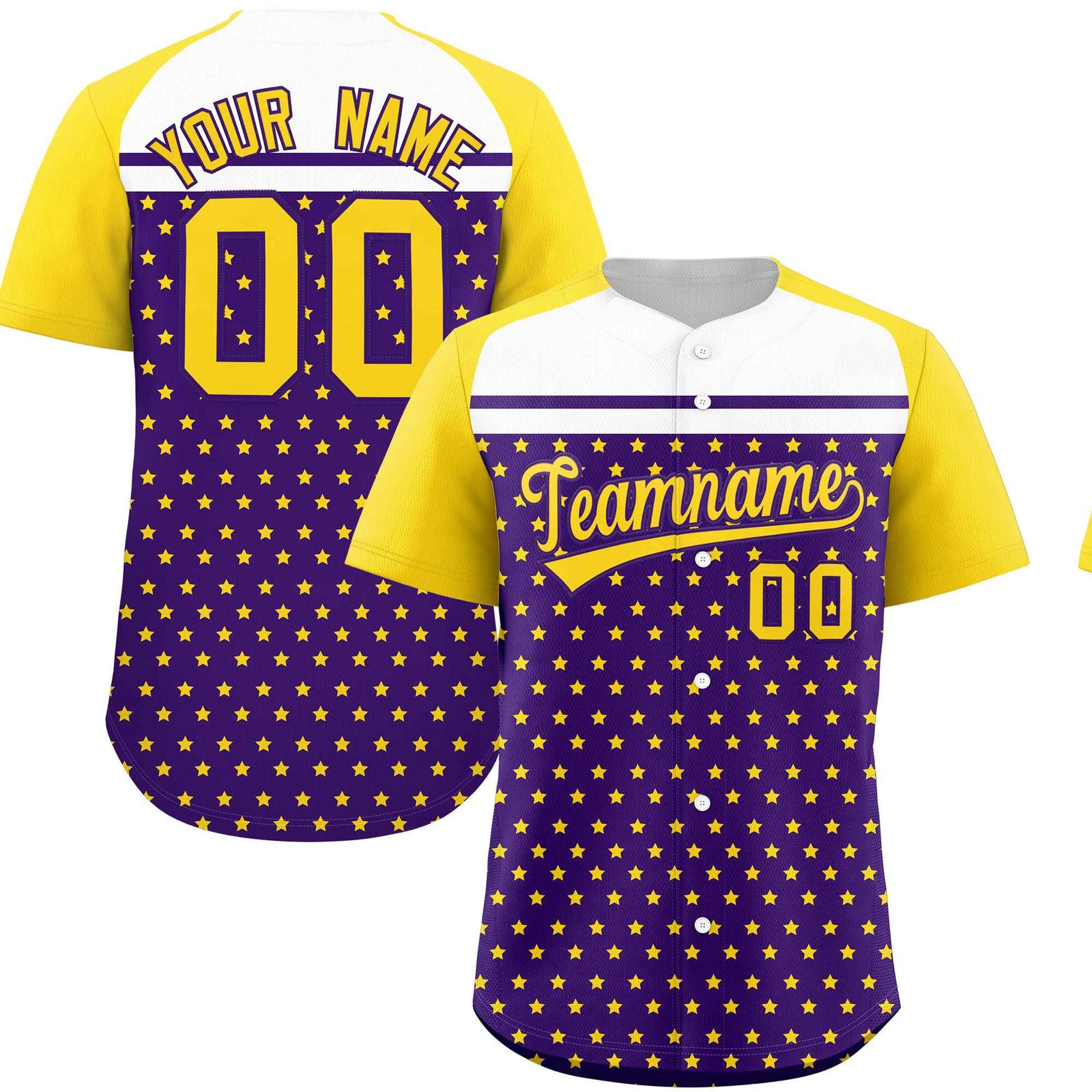 Custom Purple Gold-White Raglan Sleeve Personalized Star Print Authentic Baseball Jersey