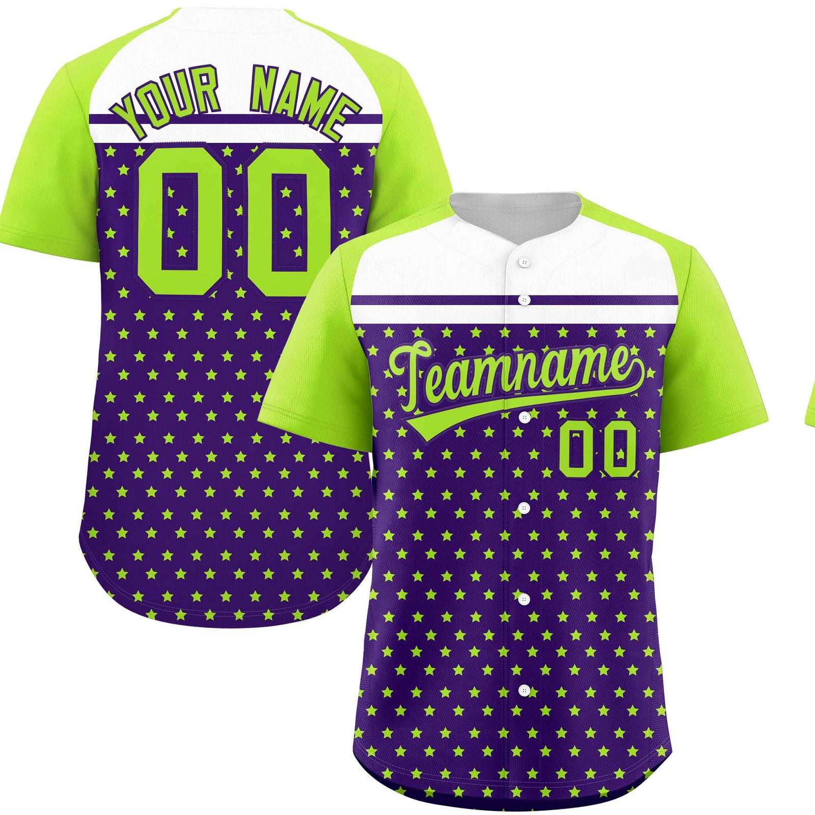 Custom Purple Neon Green-White Raglan Sleeve Personalized Star Print Authentic Baseball Jersey