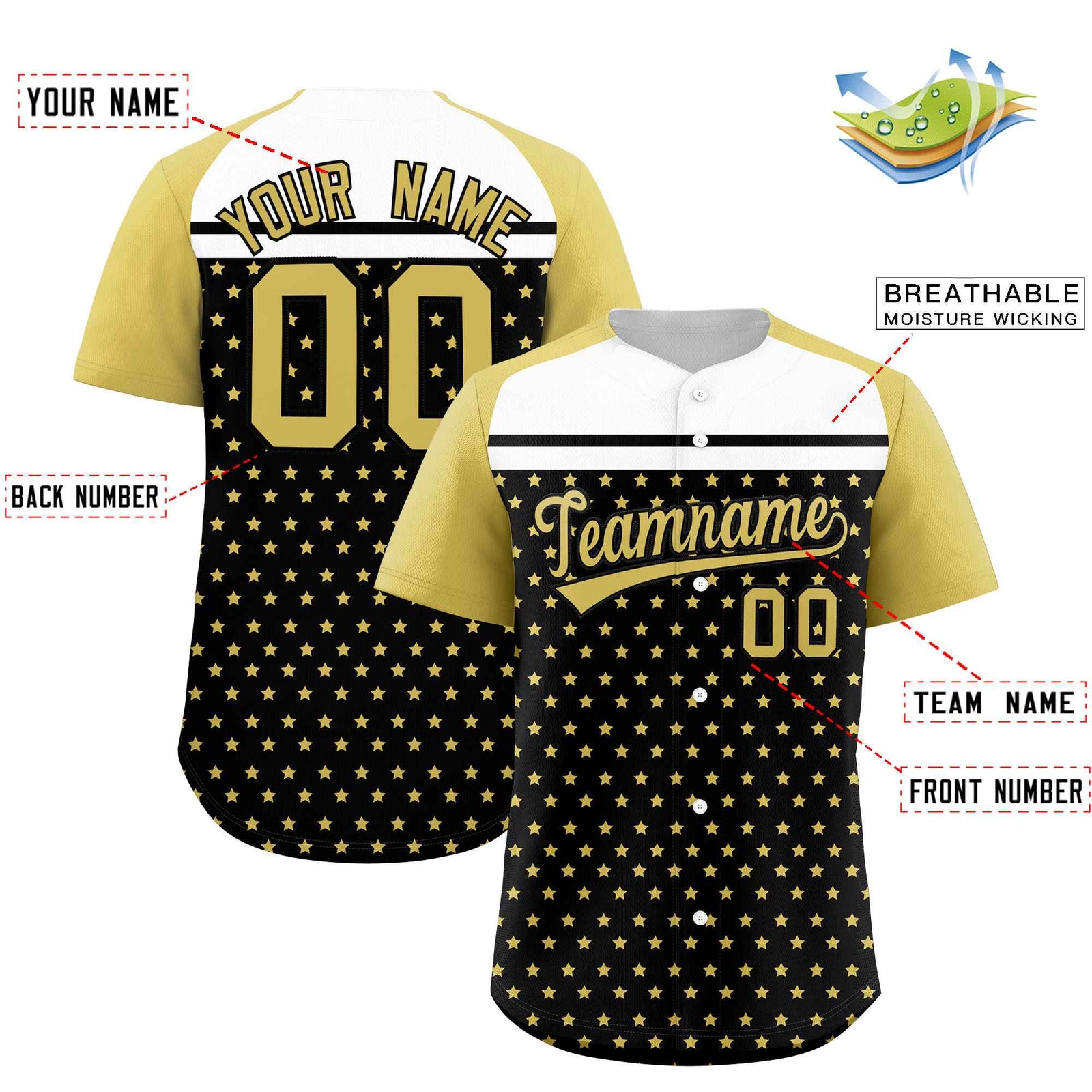 Custom Black Old Gold-White Raglan Sleeve Personalized Star Print Authentic Baseball Jersey