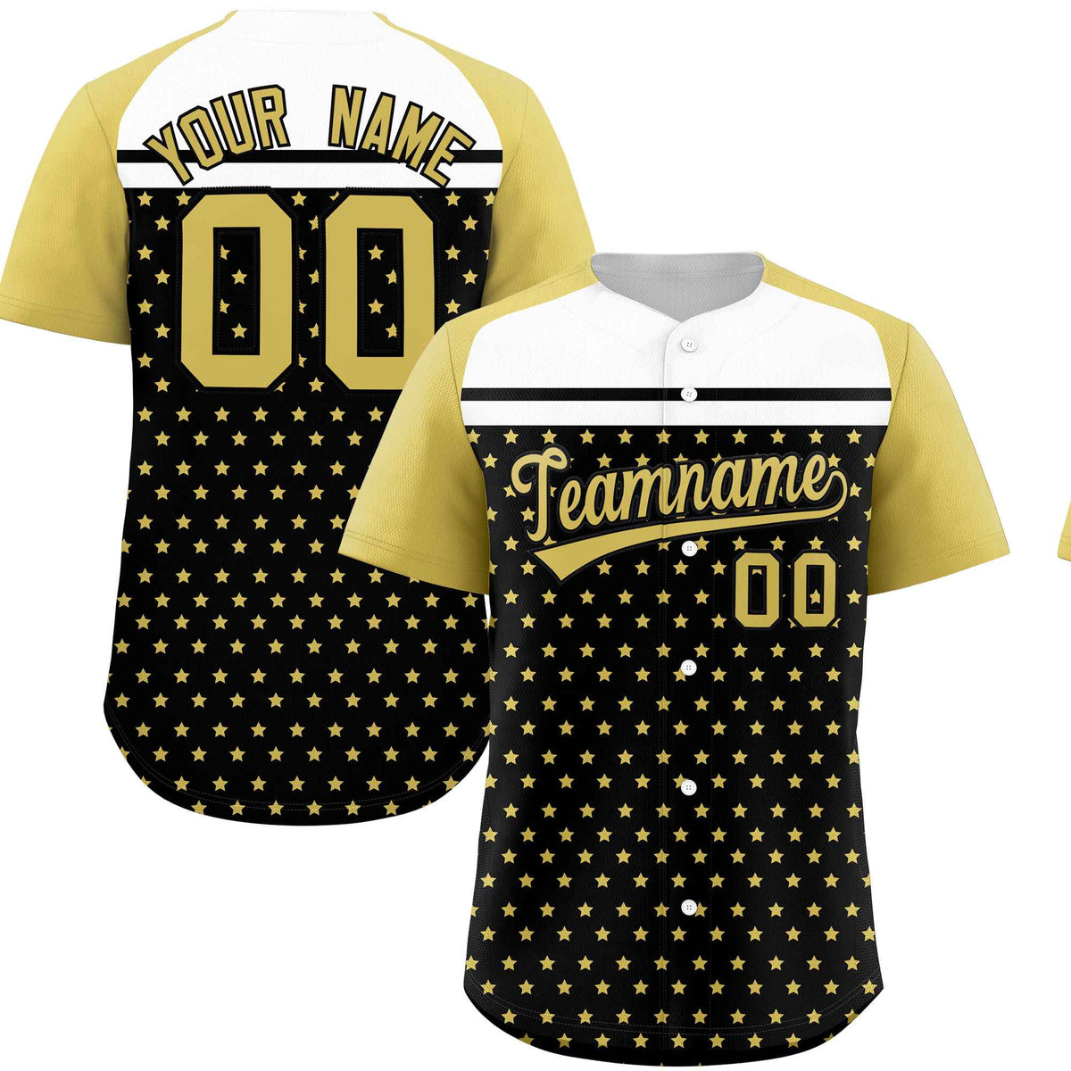 Custom Black Old Gold-White Raglan Sleeve Personalized Star Print Authentic Baseball Jersey
