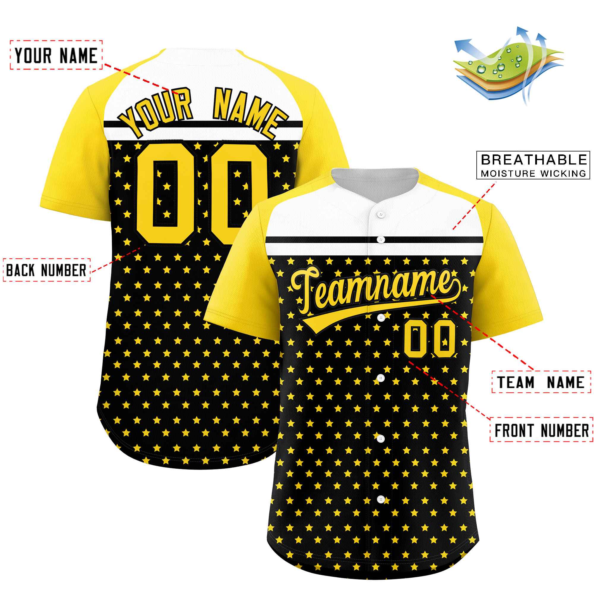 Custom Black Gold-White Raglan Sleeve Personalized Star Print Authentic Baseball Jersey