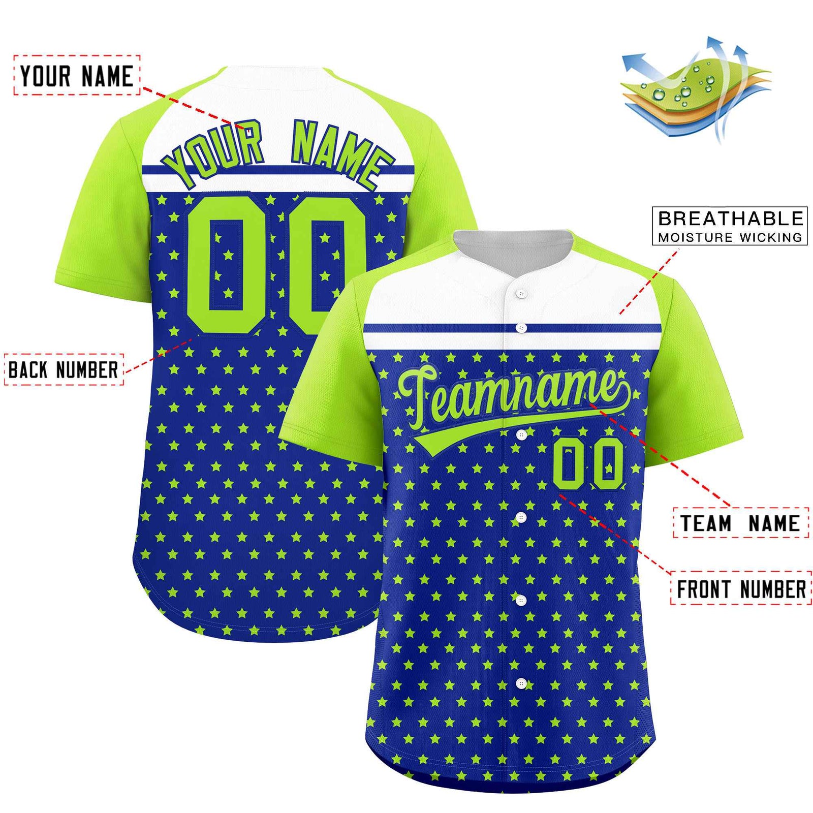 Custom Royal Neon Green-White Raglan Sleeve Personalized Star Print Authentic Baseball Jersey
