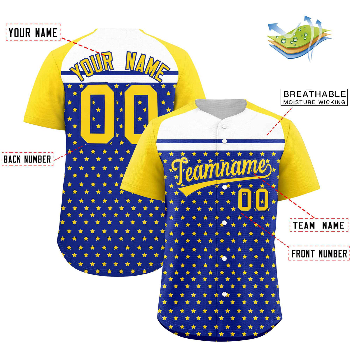 Custom Royal Gold-White Raglan Sleeve Personalized Star Print Authentic Baseball Jersey