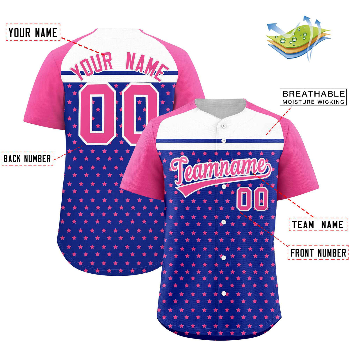 Custom Royal Pink-White Raglan Sleeve Personalized Star Print Authentic Baseball Jersey