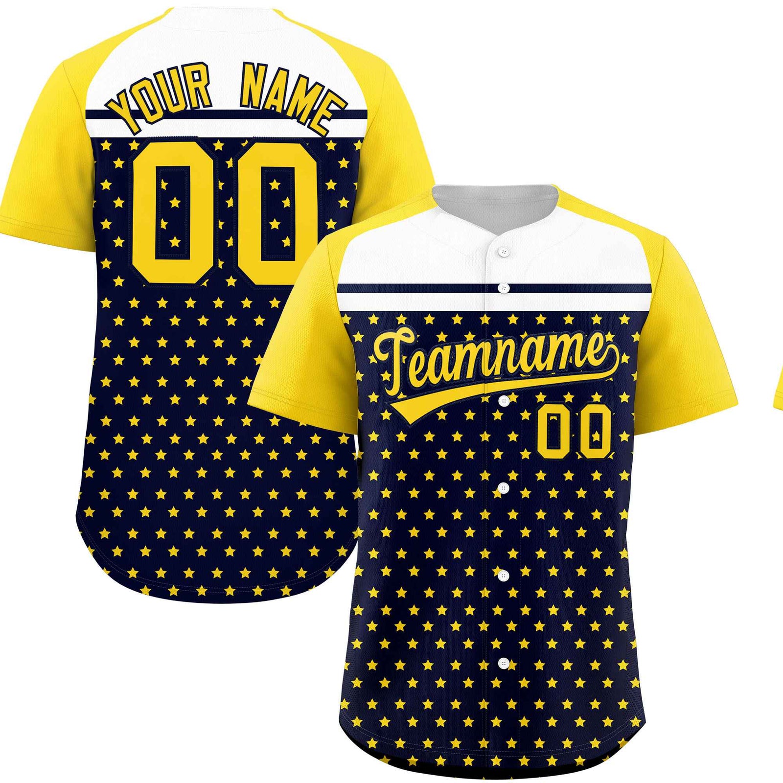 Custom Navy Gold-White Raglan Sleeve Personalized Star Print Authentic Baseball Jersey