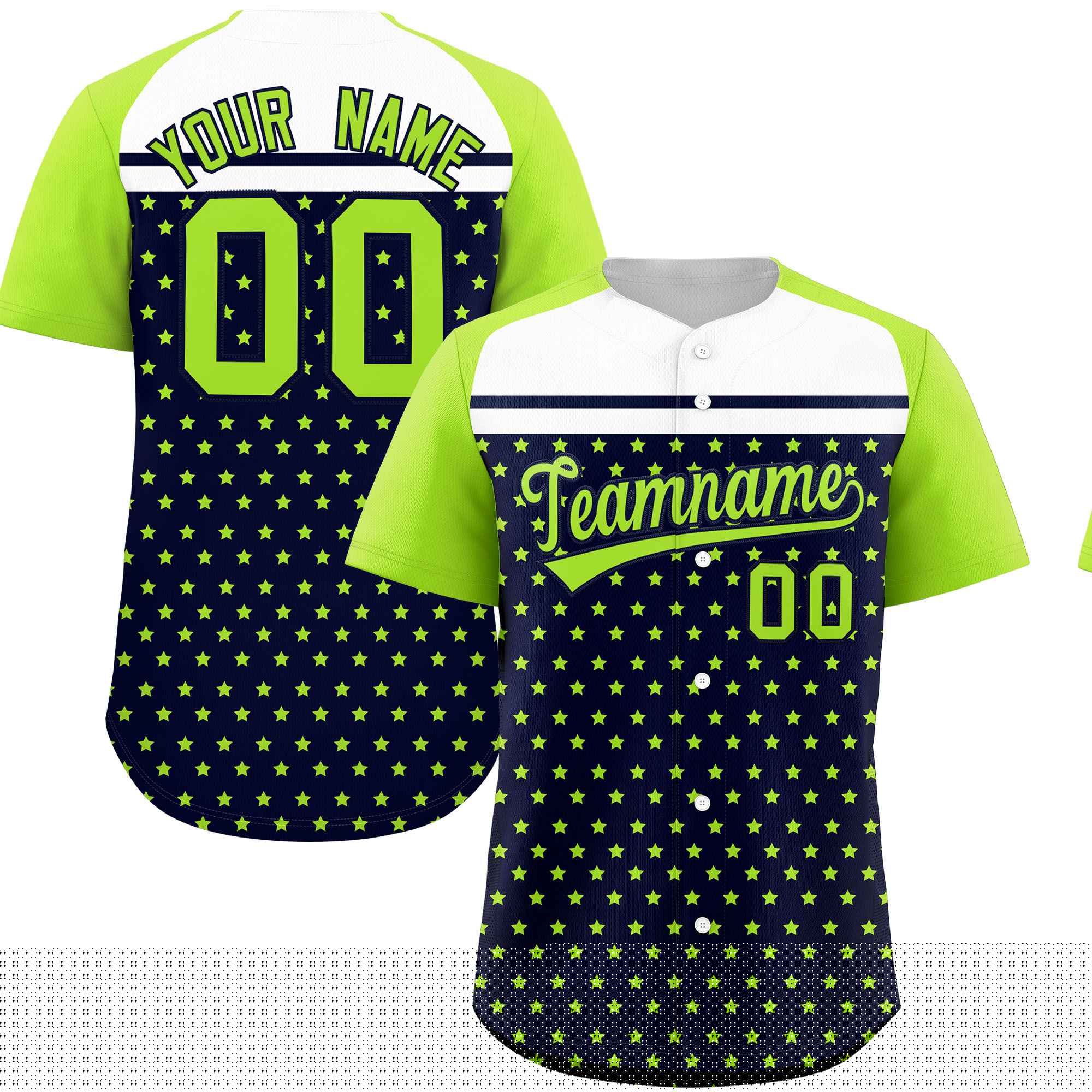 Custom Navy Neon Green-White Raglan Sleeve Personalized Star Print Authentic Baseball Jersey