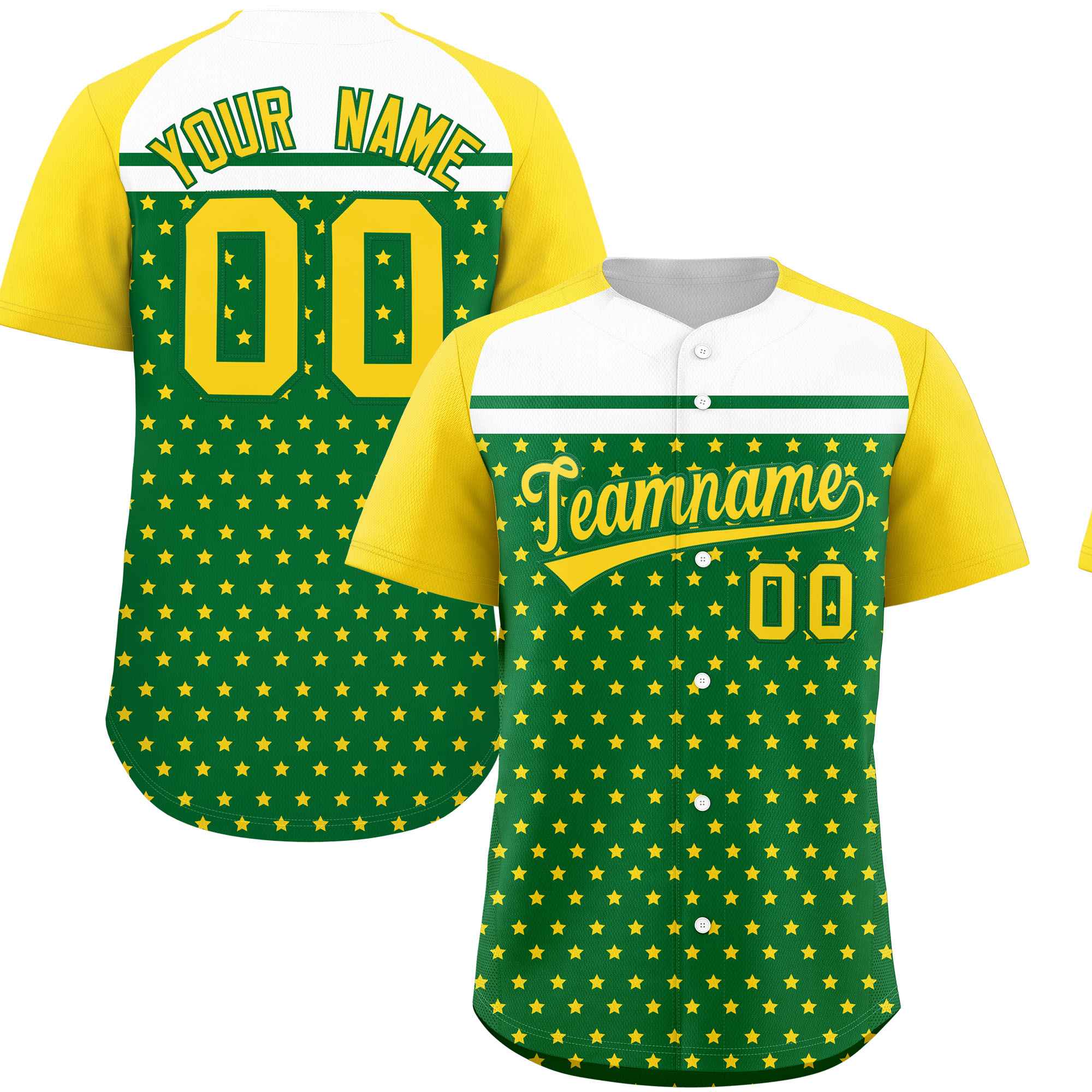 Custom Kelly Green Gold-White Raglan Sleeve Personalized Star Print Authentic Baseball Jersey