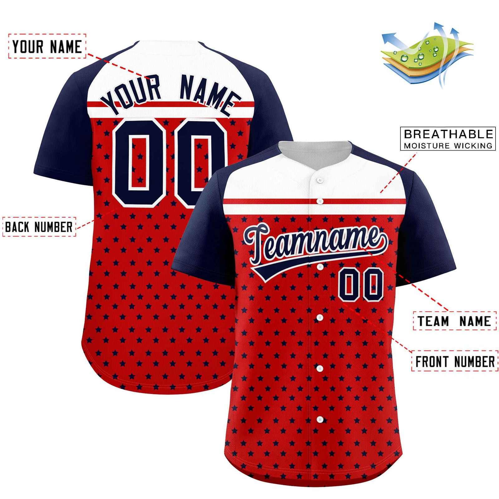 Custom Red Navy-White Raglan Sleeve Personalized Star Print Authentic Baseball Jersey