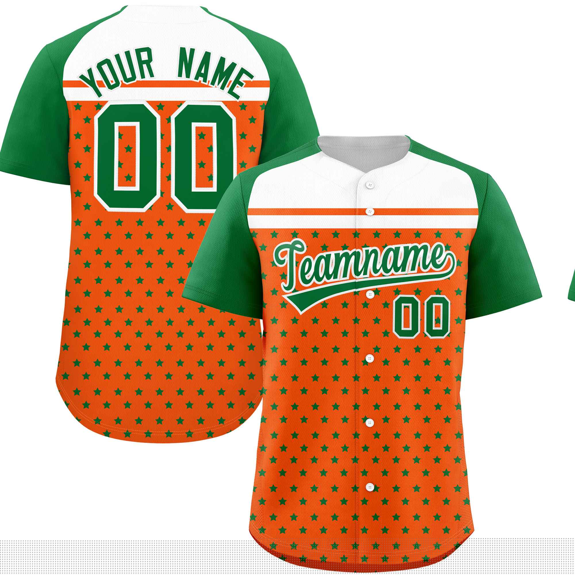 Custom Orange Kelly Green-White Raglan Sleeve Personalized Star Print Authentic Baseball Jersey