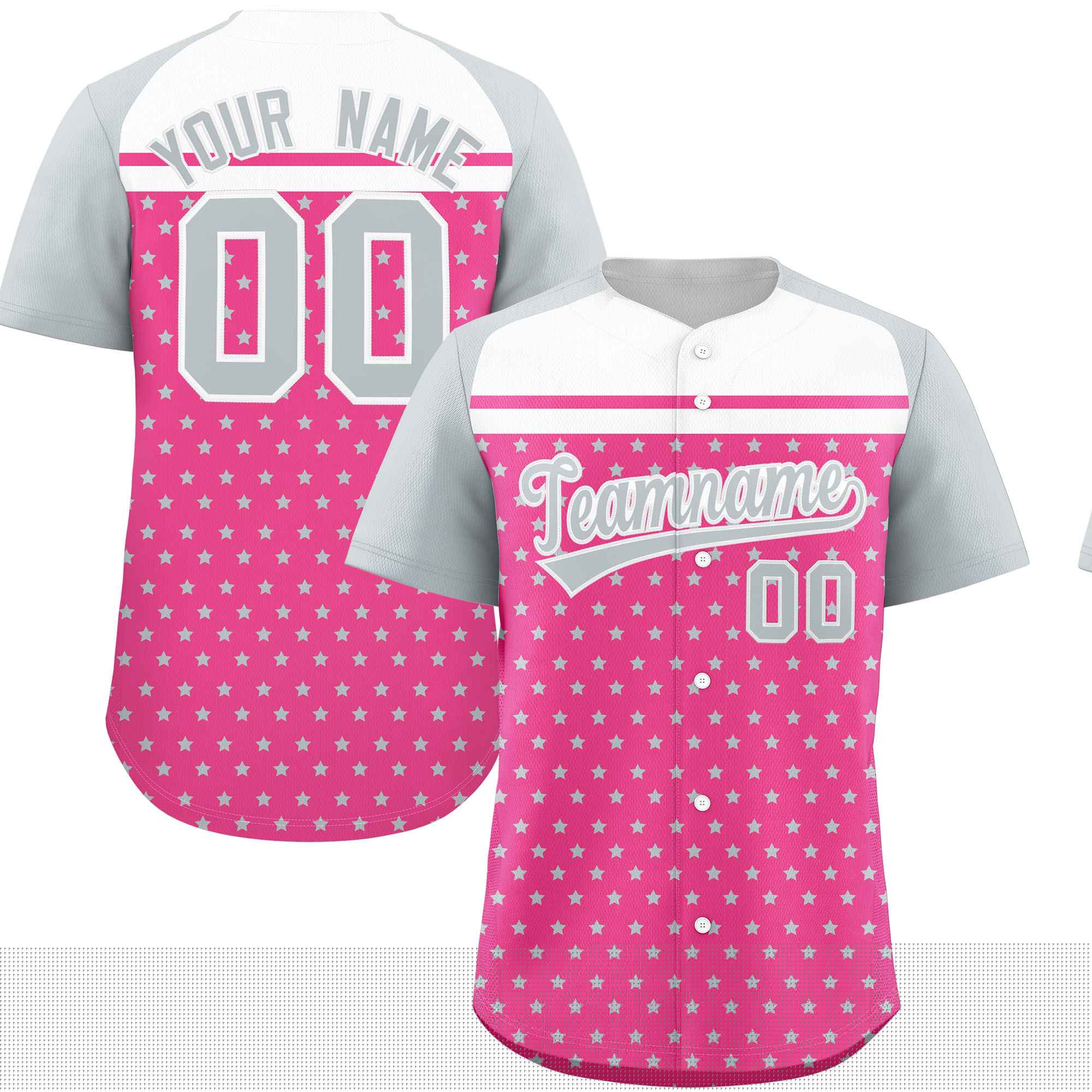 Custom Pink Silver-White Raglan Sleeve Personalized Star Print Authentic Baseball Jersey