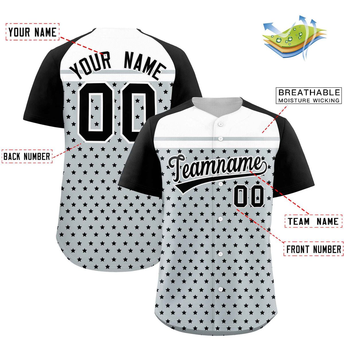 Custom Silver Black-White Raglan Sleeve Personalized Star Print Authentic Baseball Jersey