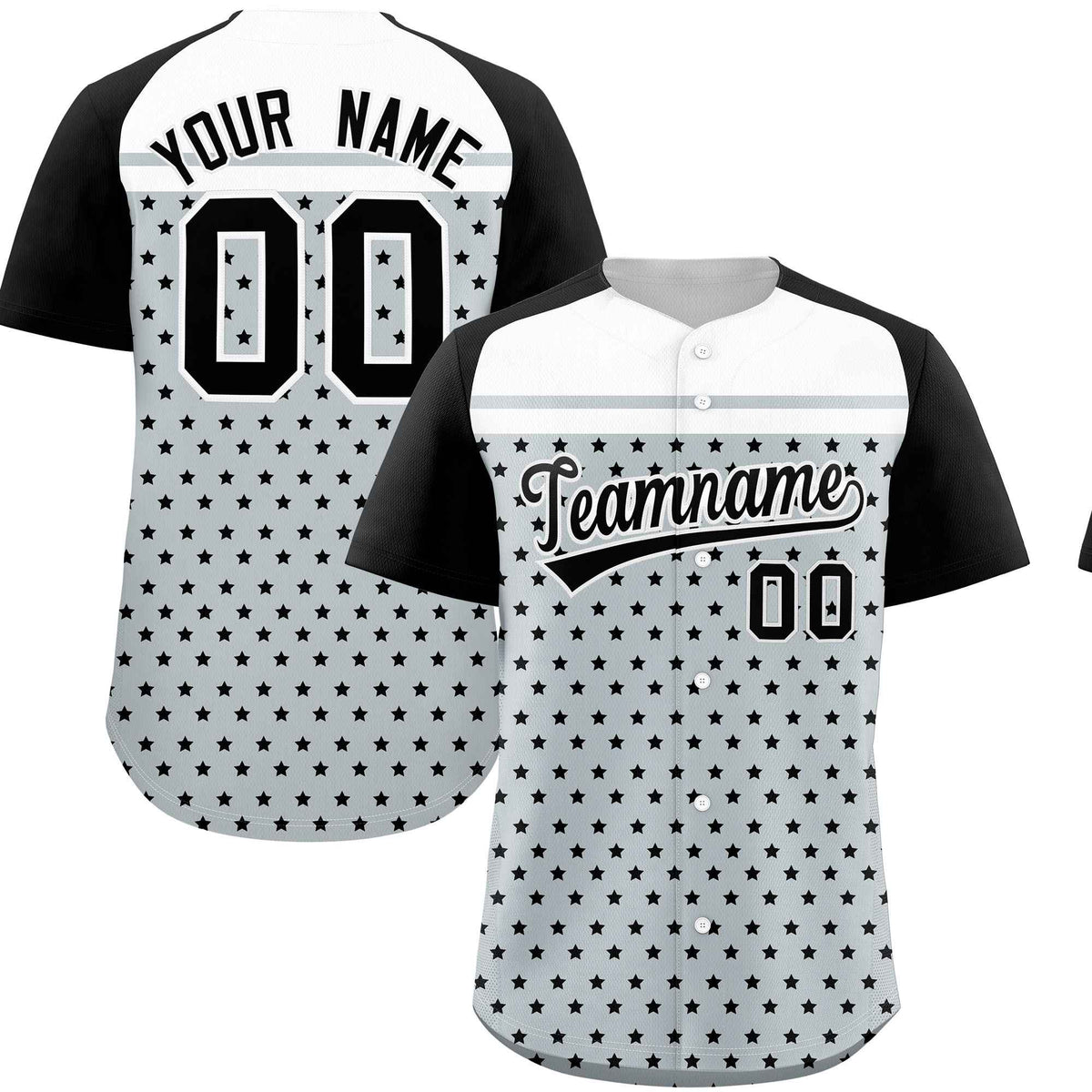 Custom Silver Black-White Raglan Sleeve Personalized Star Print Authentic Baseball Jersey