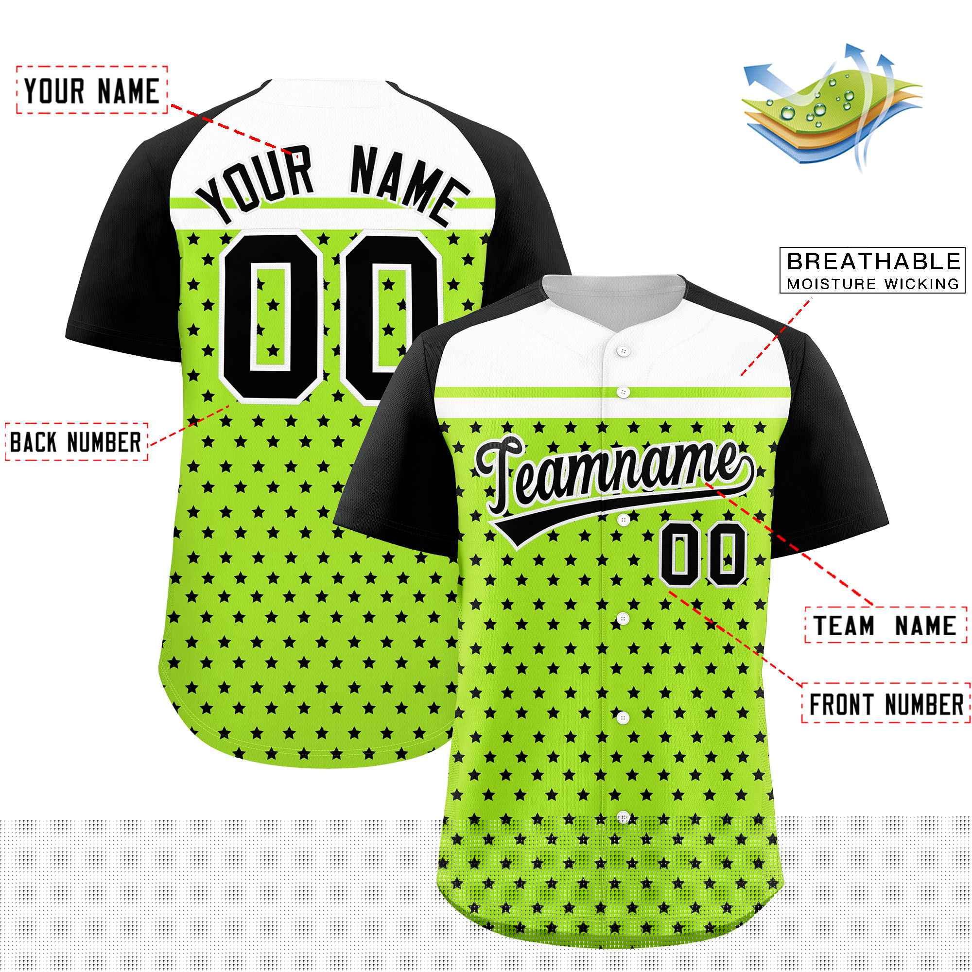 Custom Neon Green Black-White Raglan Sleeve Personalized Star Print Authentic Baseball Jersey