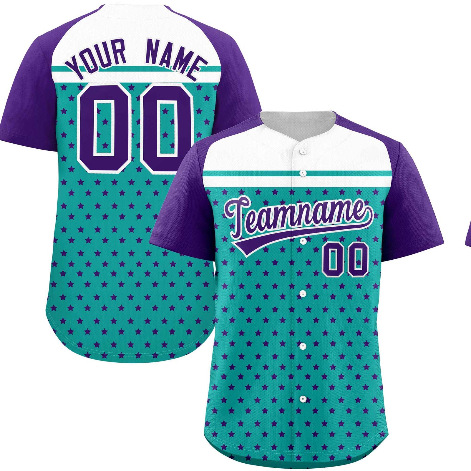 Custom Aqua Purple-White Raglan Sleeve Personalized Star Print Authentic Baseball Jersey
