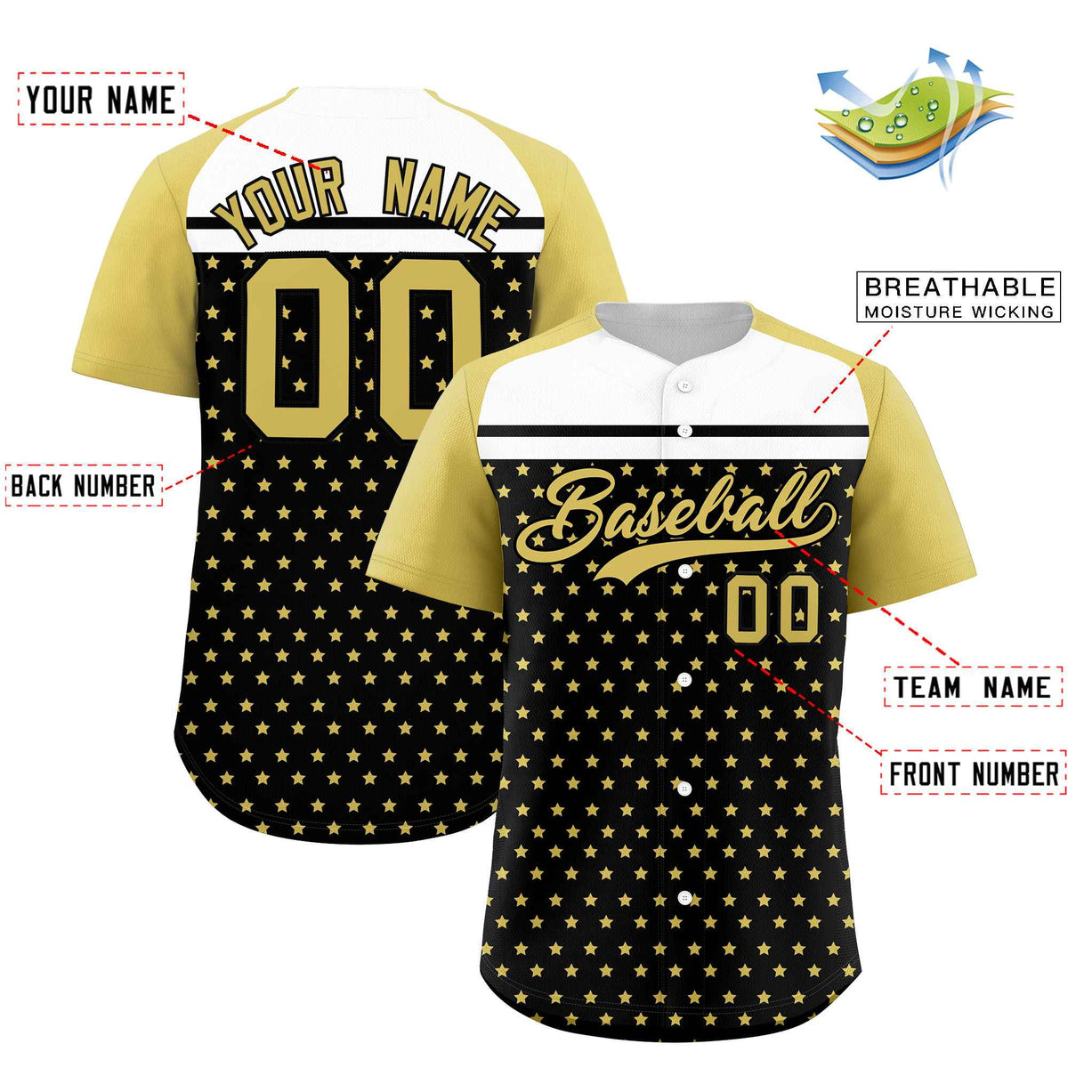 Custom Black Old Gold-White Raglan Sleeve Personalized Star Print Authentic Baseball Jersey