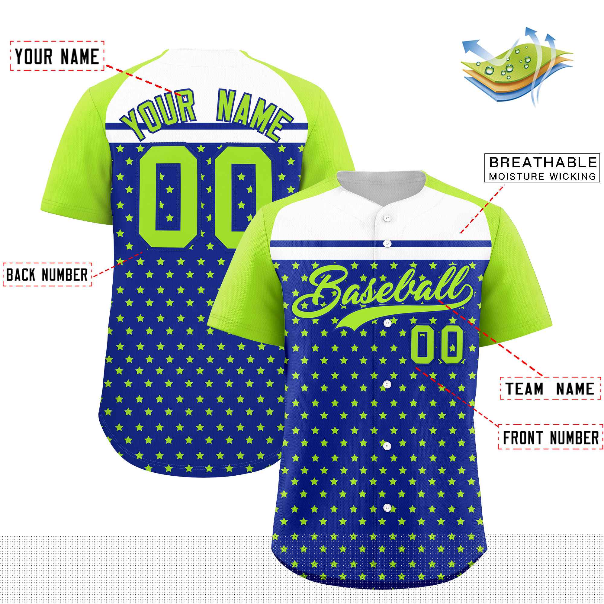 Custom Royal Neon Green-White Raglan Sleeve Personalized Star Print Authentic Baseball Jersey