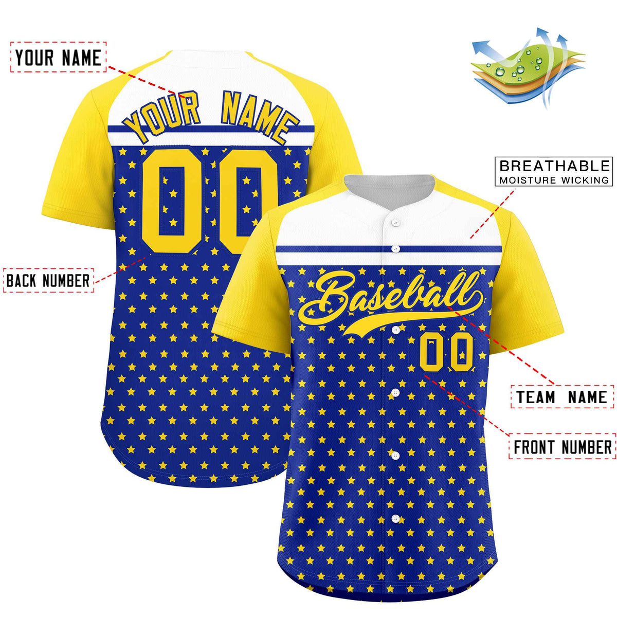 Custom Royal Gold-White Raglan Sleeve Personalized Star Print Authentic Baseball Jersey