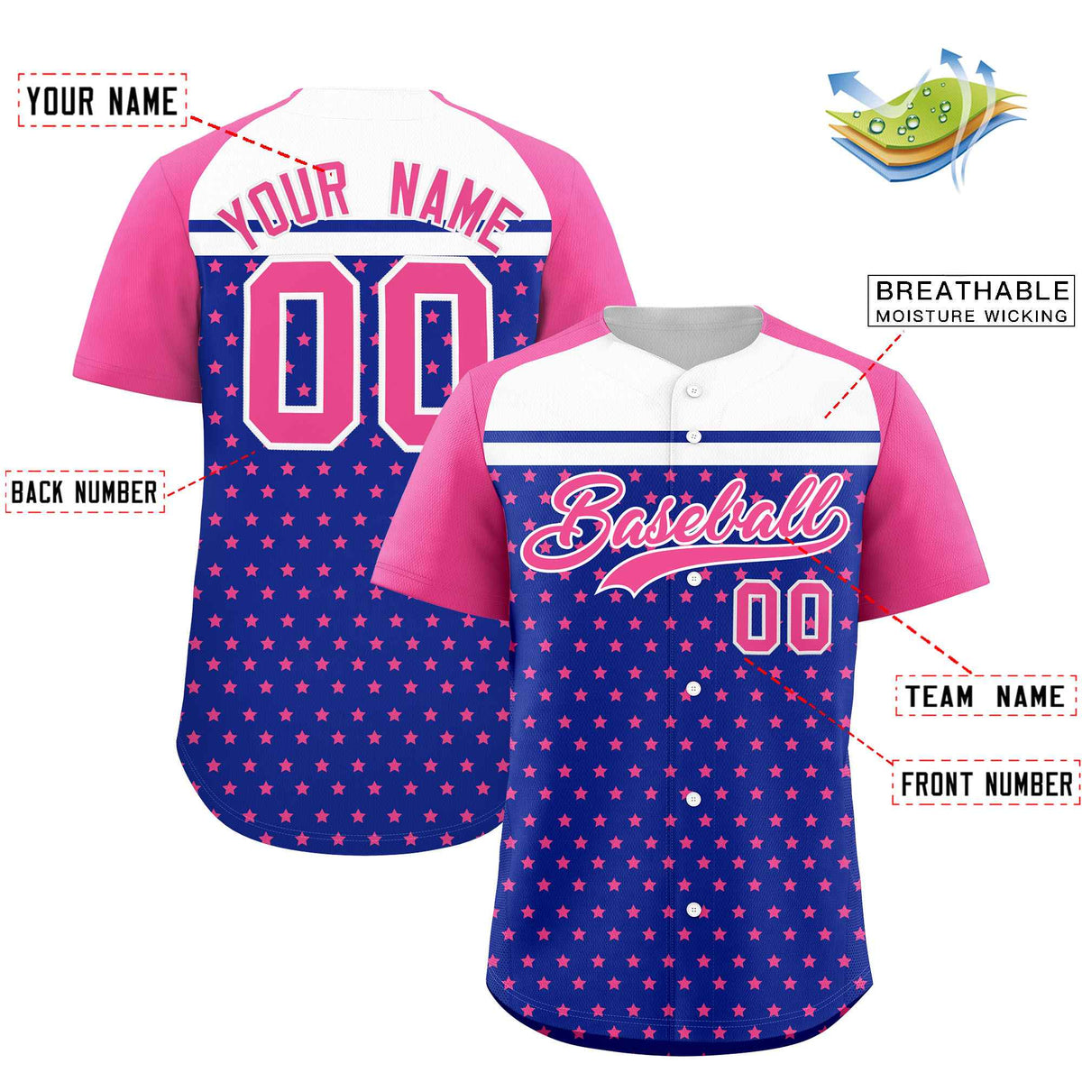 Custom Royal Pink-White Raglan Sleeve Personalized Star Print Authentic Baseball Jersey