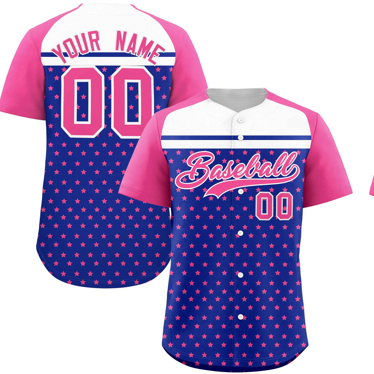 Custom Royal Pink-White Raglan Sleeve Personalized Star Print Authentic Baseball Jersey