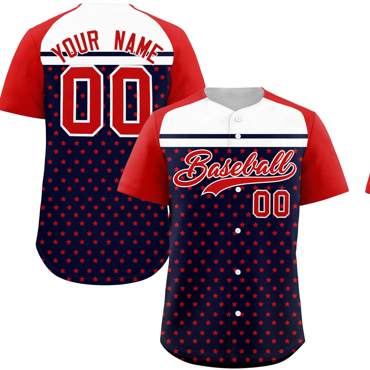 Custom Navy Red-White Raglan Sleeve Personalized Star Print Authentic Baseball Jersey