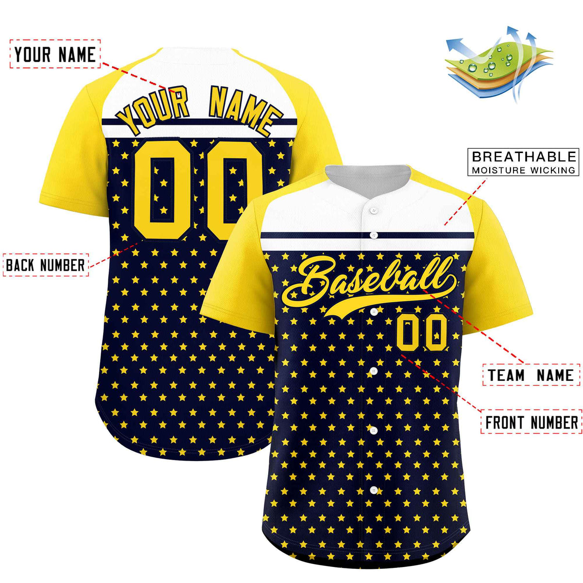 Custom Navy Gold-White Raglan Sleeve Personalized Star Print Authentic Baseball Jersey