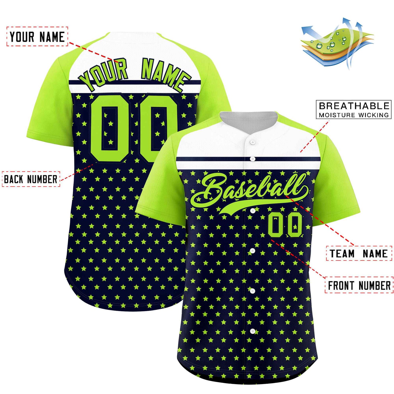 Custom Navy Neon Green-White Raglan Sleeve Personalized Star Print Authentic Baseball Jersey