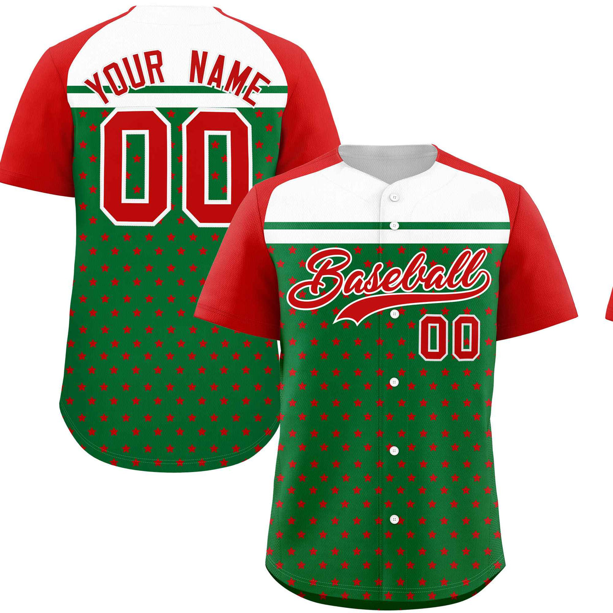 Custom Kelly Green Red-White Raglan Sleeve Personalized Star Print Authentic Baseball Jersey