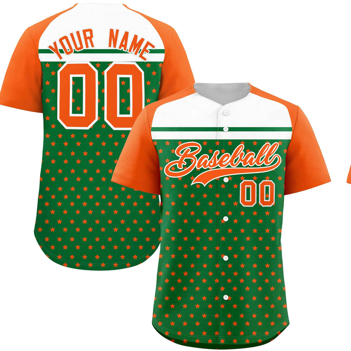Custom Kelly Green Orange-White Raglan Sleeve Personalized Star Print Authentic Baseball Jersey