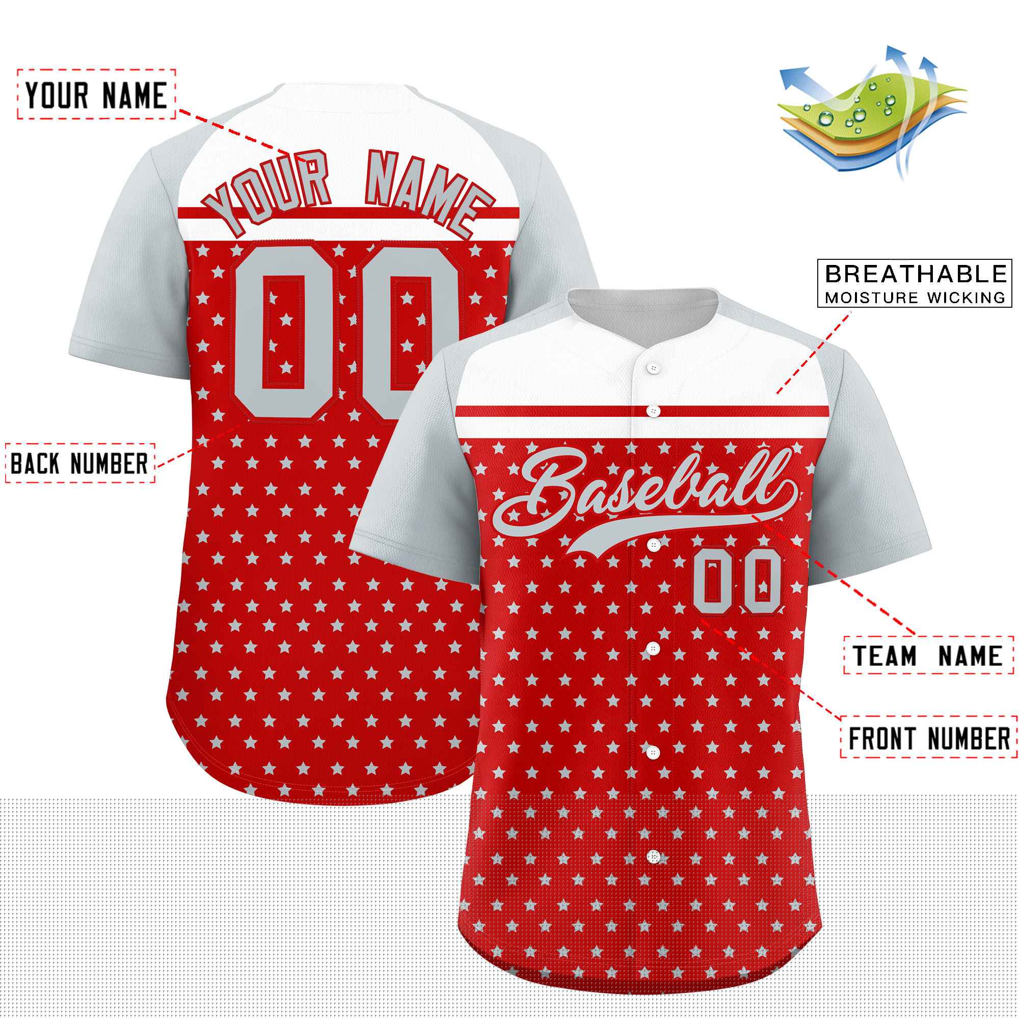 Custom Red Silver-White Raglan Sleeve Personalized Star Print Authentic Baseball Jersey