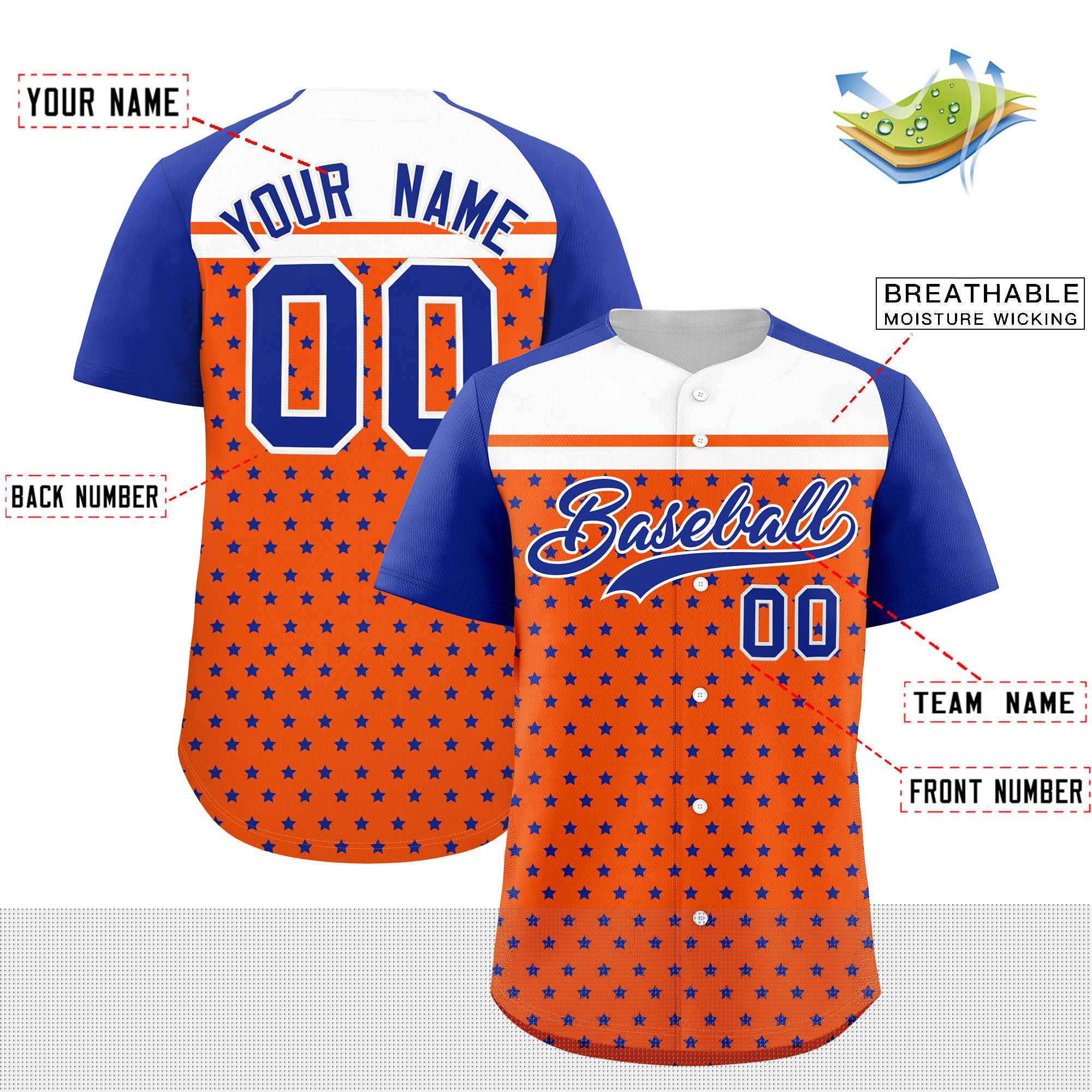 Custom Orange Royal-White Raglan Sleeve Personalized Star Print Authentic Baseball Jersey