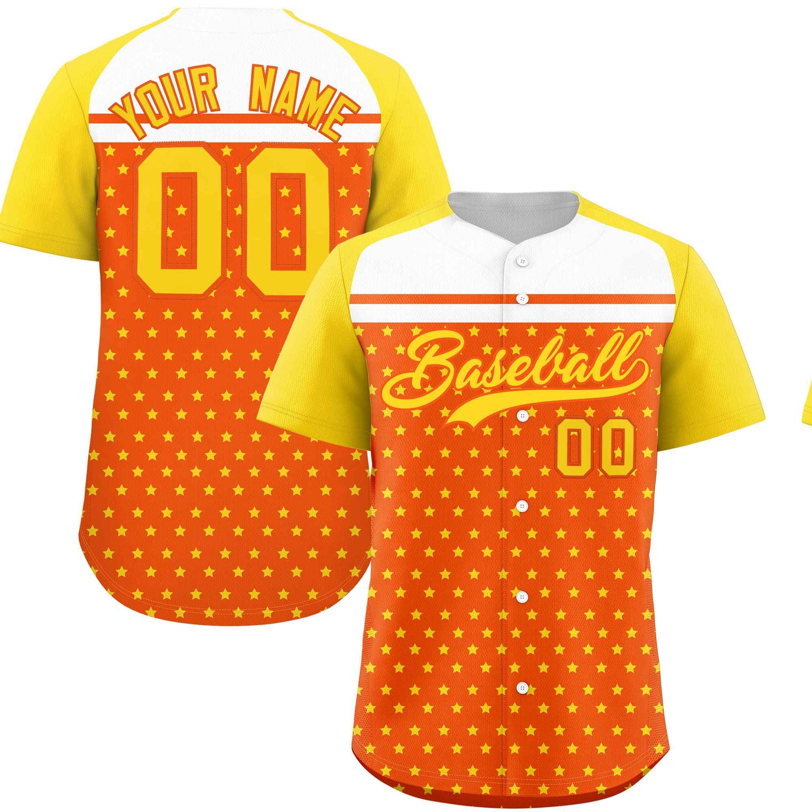 Custom Orange Gold-White Raglan Sleeve Personalized Star Print Authentic Baseball Jersey