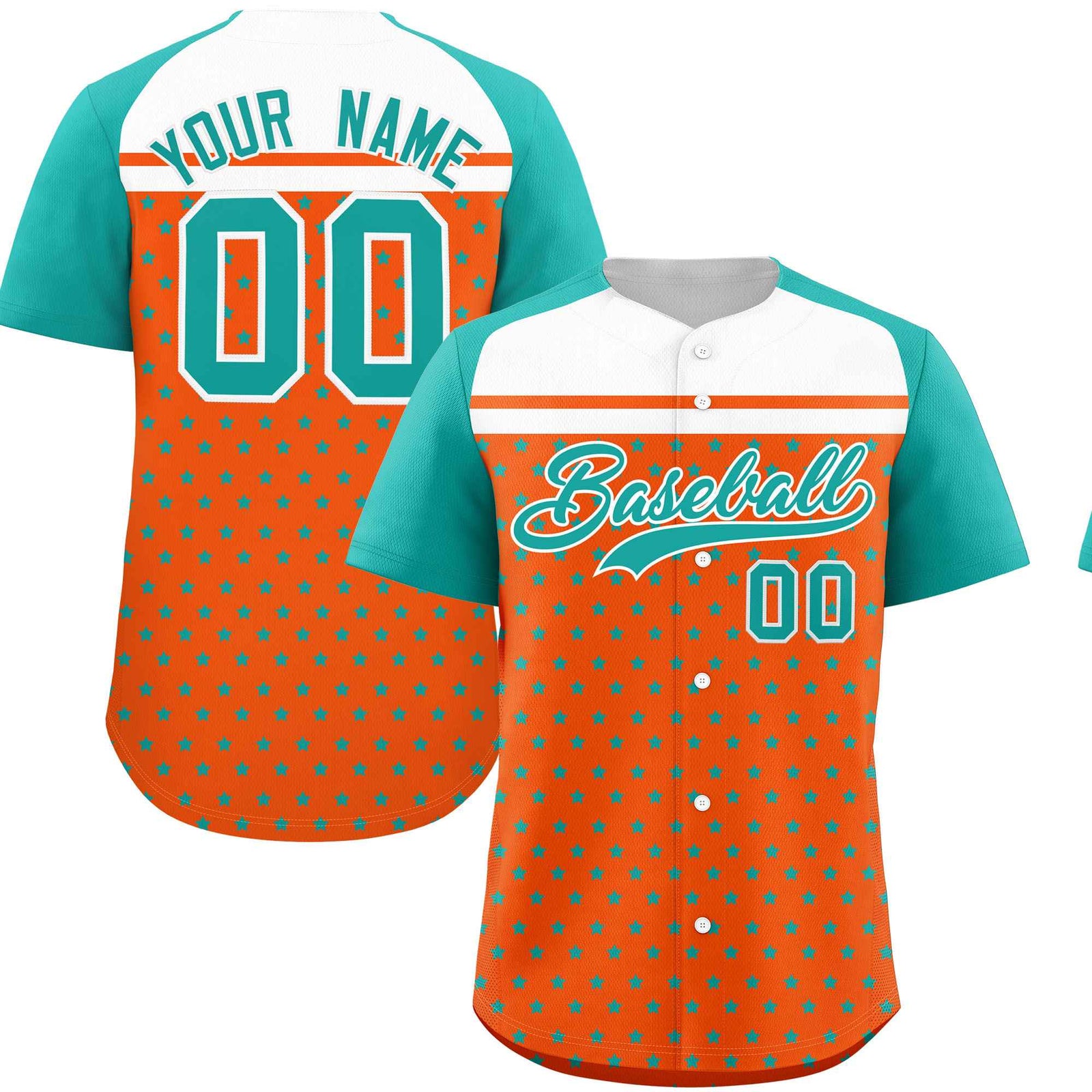 Custom Orange Aqua-White Raglan Sleeve Personalized Star Print Authentic Baseball Jersey