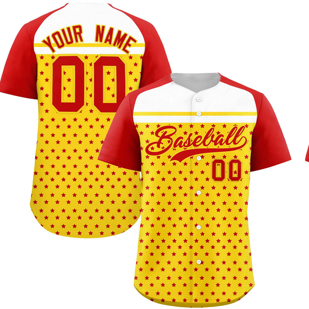 Custom Gold Red-White Raglan Sleeve Personalized Star Print Authentic Baseball Jersey