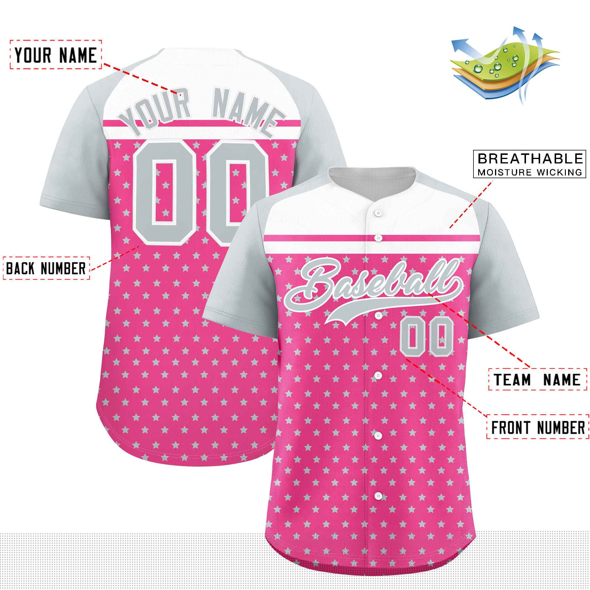 Custom Pink Silver-White Raglan Sleeve Personalized Star Print Authentic Baseball Jersey