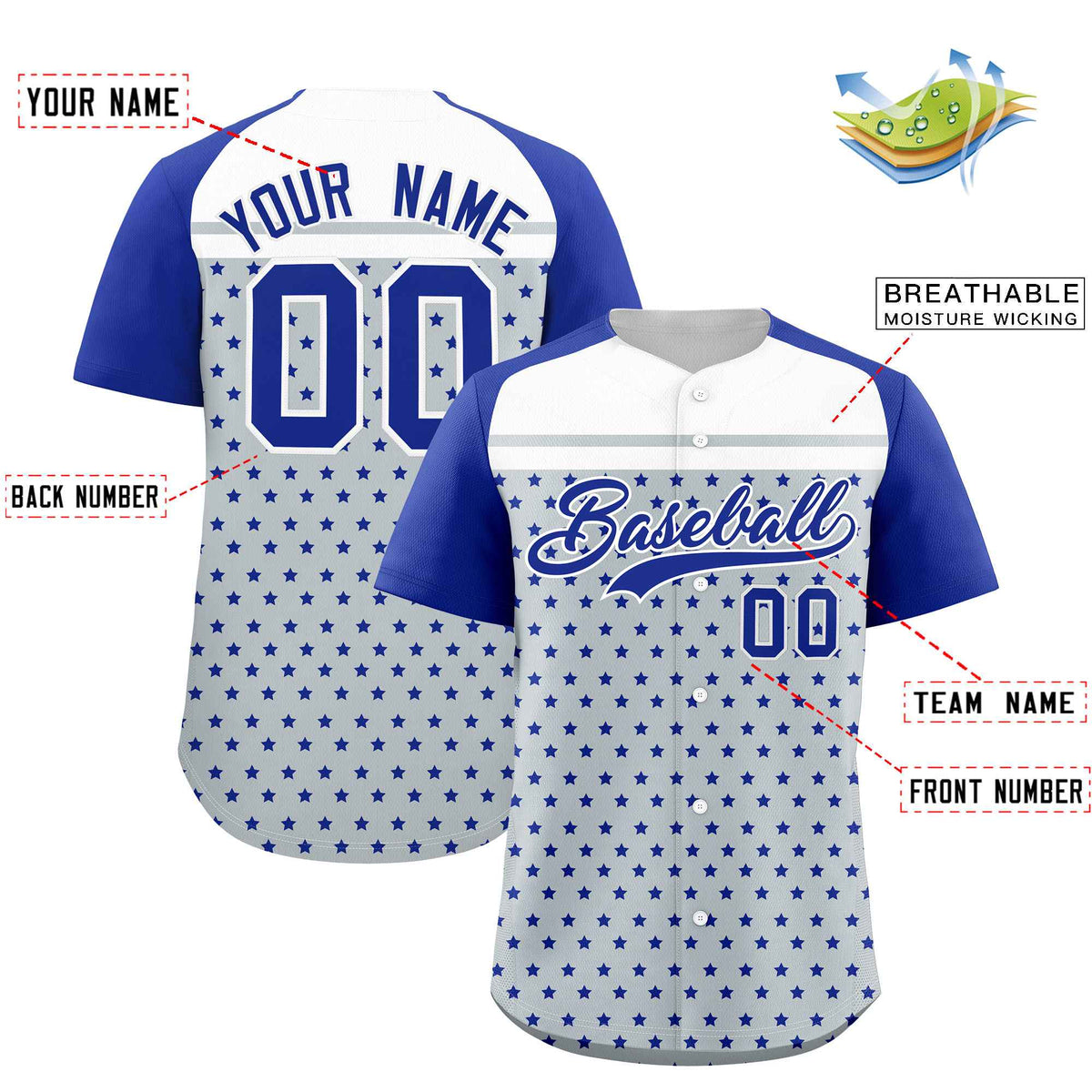Custom Silver Royal-White Raglan Sleeve Personalized Star Print Authentic Baseball Jersey