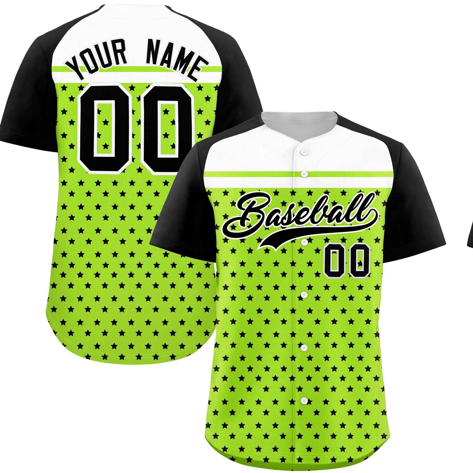 Custom Neon Green Black-White Raglan Sleeve Personalized Star Print Authentic Baseball Jersey