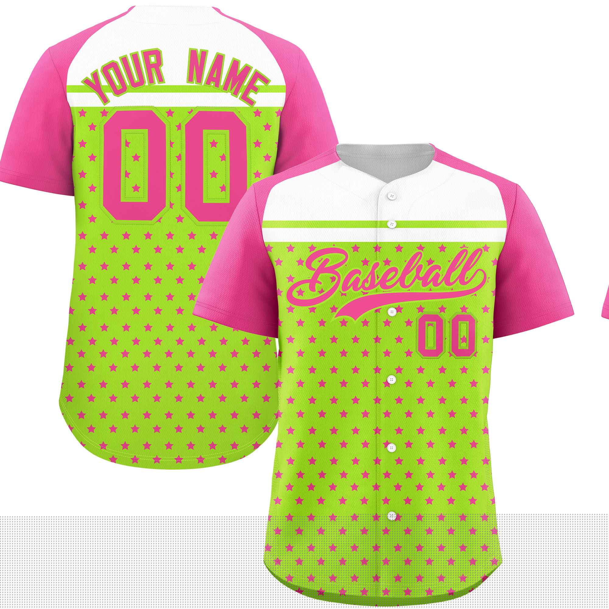 Custom Neon Green Pink-White Raglan Sleeve Personalized Star Print Authentic Baseball Jersey