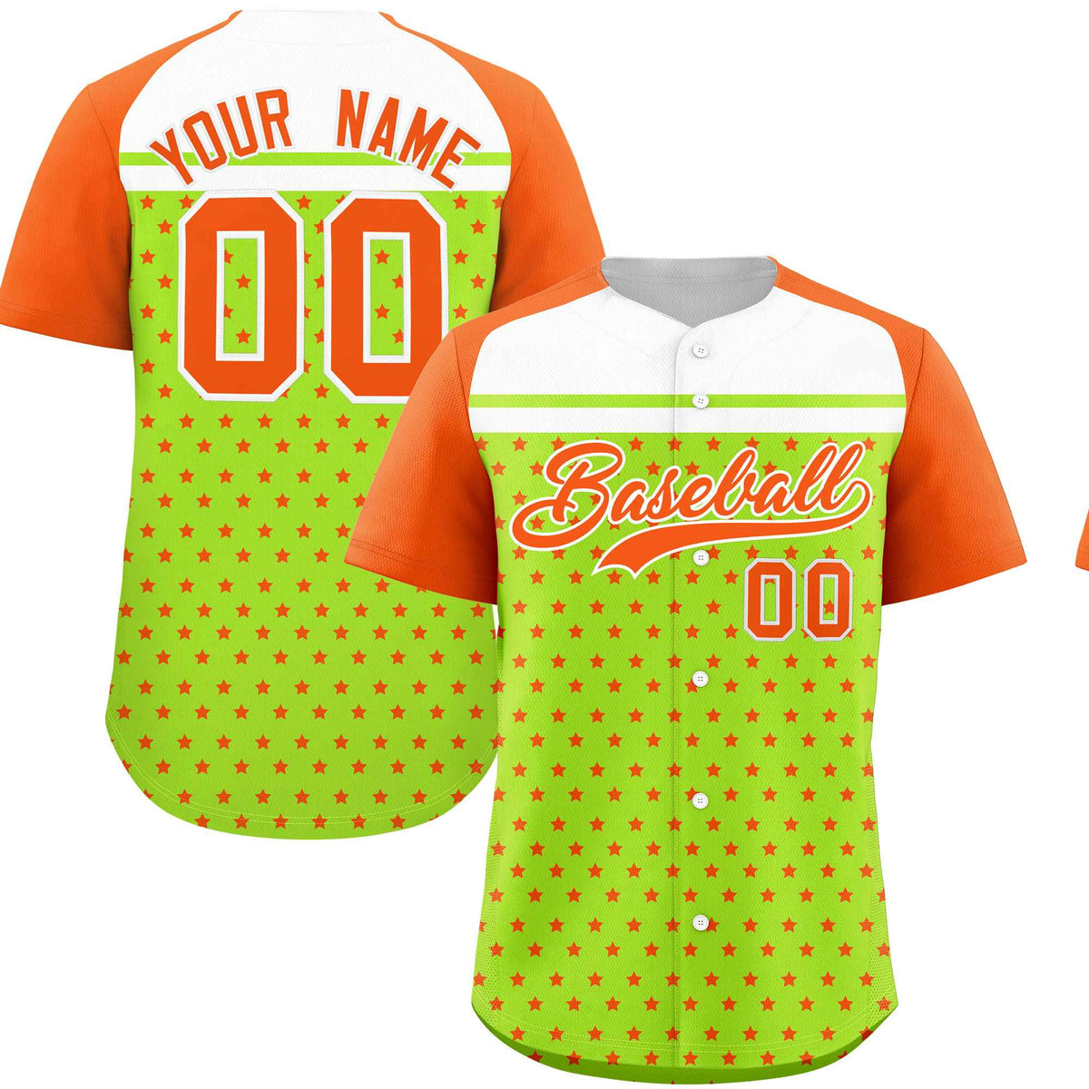 Custom Neon Green Orange-White Raglan Sleeve Personalized Star Print Authentic Baseball Jersey
