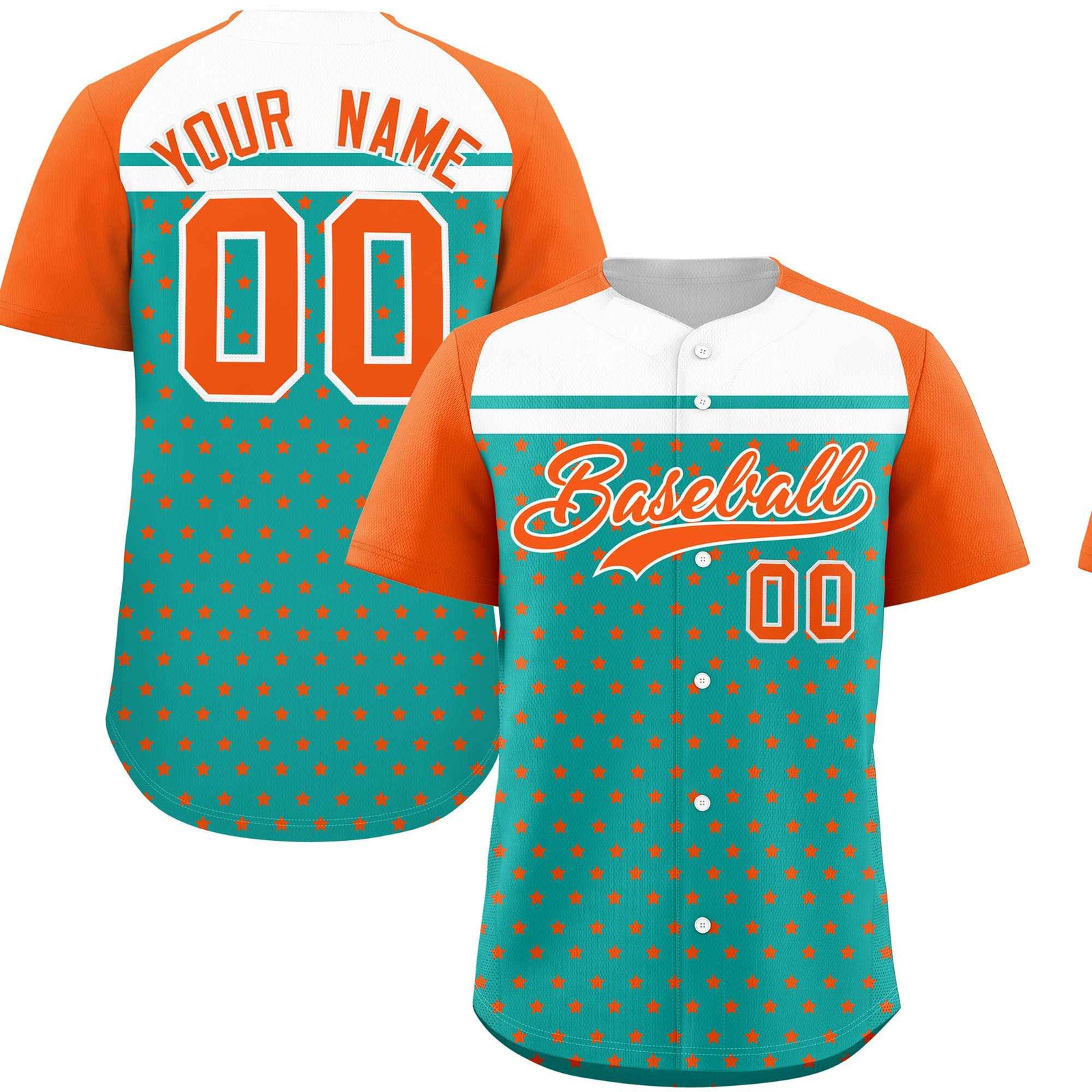 Custom Aqua Orange-White Raglan Sleeve Personalized Star Print Authentic Baseball Jersey
