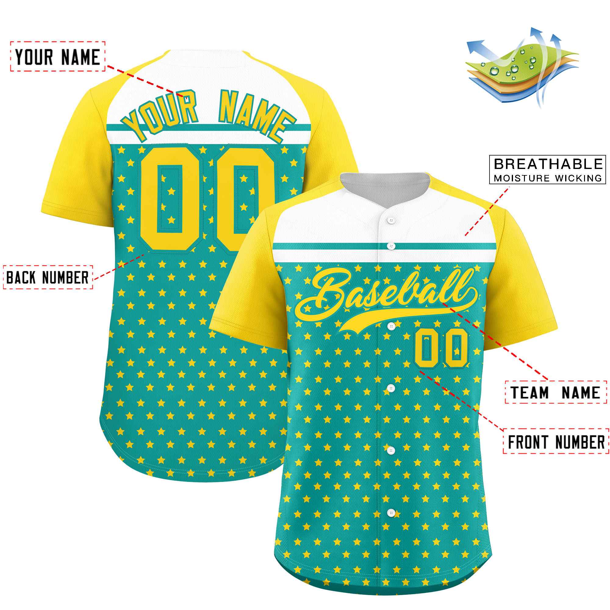Custom Aqua Gold-White Raglan Sleeve Personalized Star Print Authentic Baseball Jersey