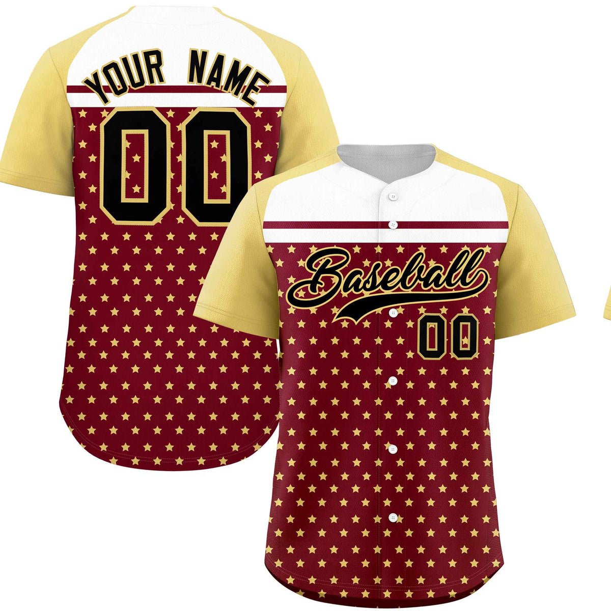 Custom Crimson Khaki-White Raglan Sleeve Personalized Star Print Authentic Baseball Jersey
