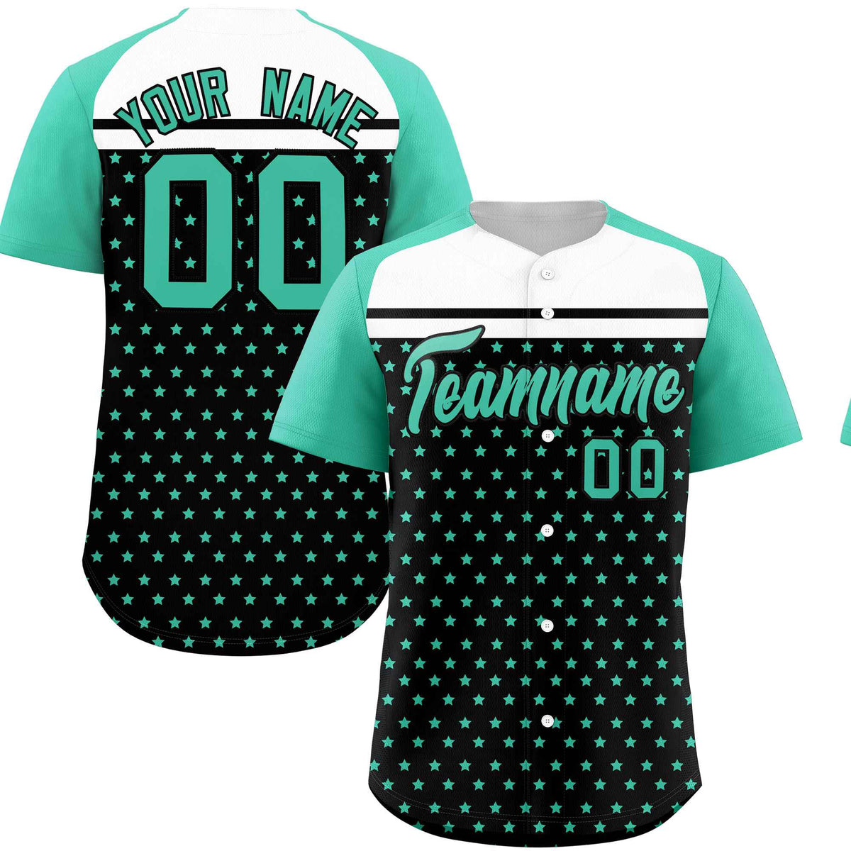 Custom Black Bright Green-White Raglan Sleeve Personalized Star Print Authentic Baseball Jersey
