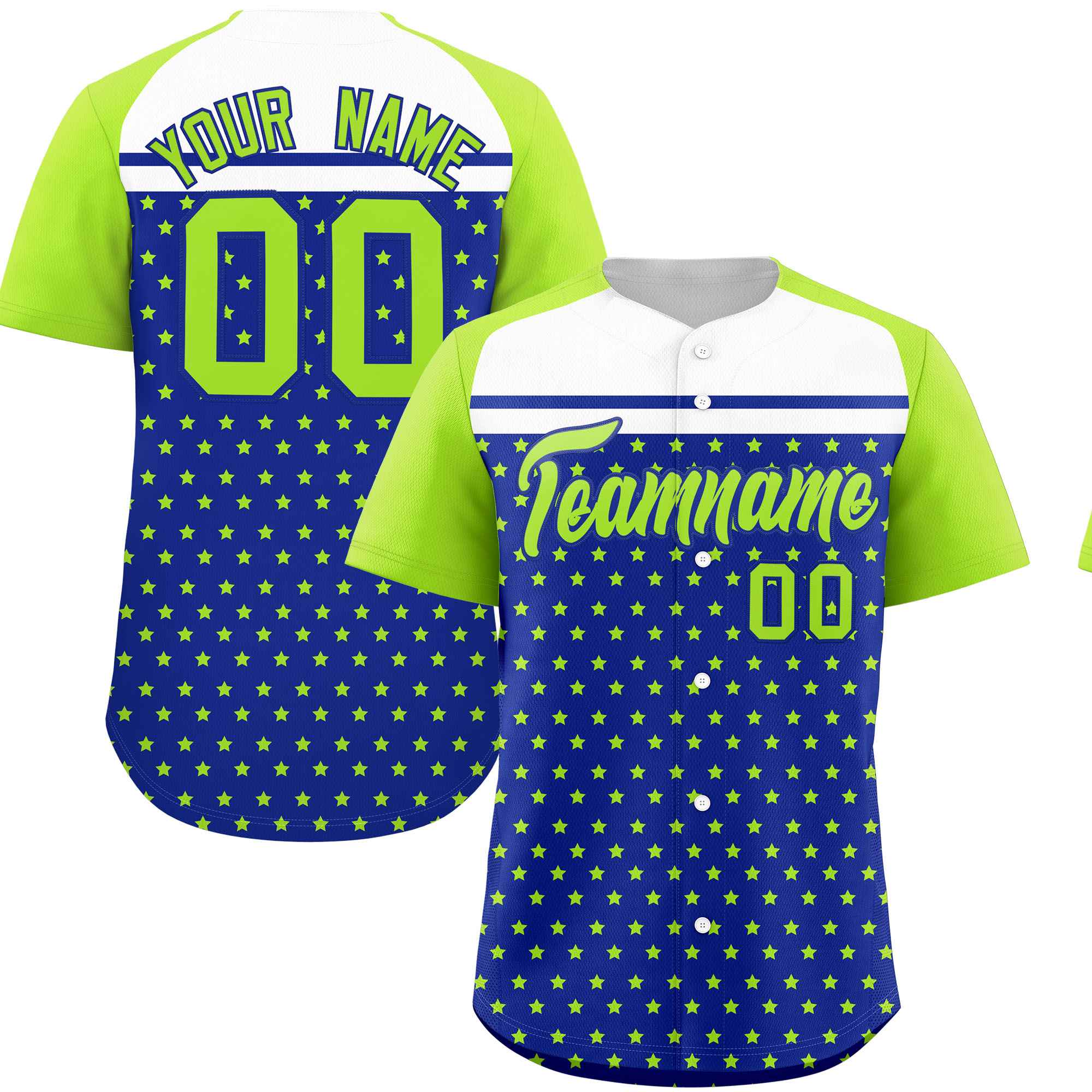 Custom Royal Neon Green-White Raglan Sleeve Personalized Star Print Authentic Baseball Jersey