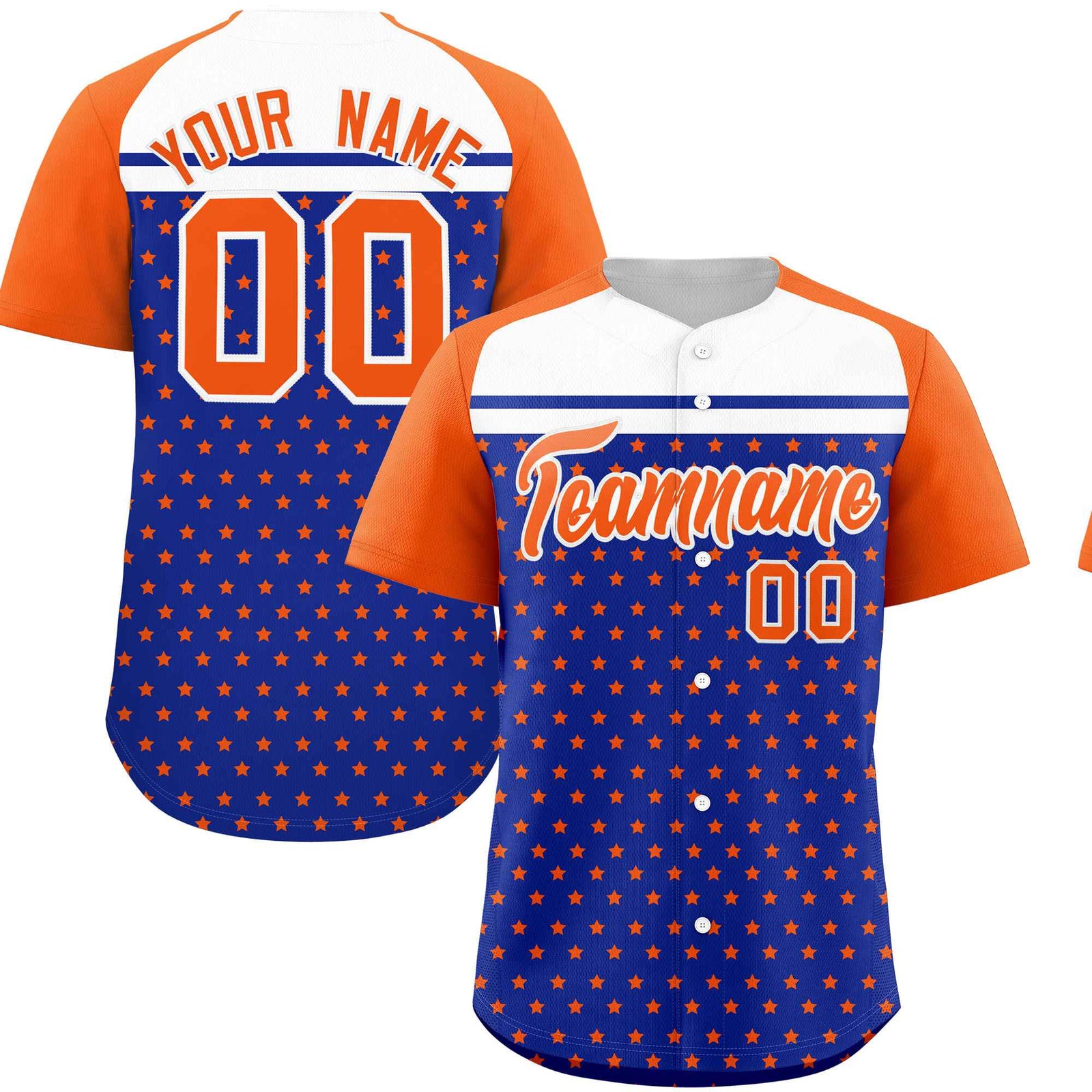 Custom Royal Orange-White Raglan Sleeve Personalized Star Print Authentic Baseball Jersey